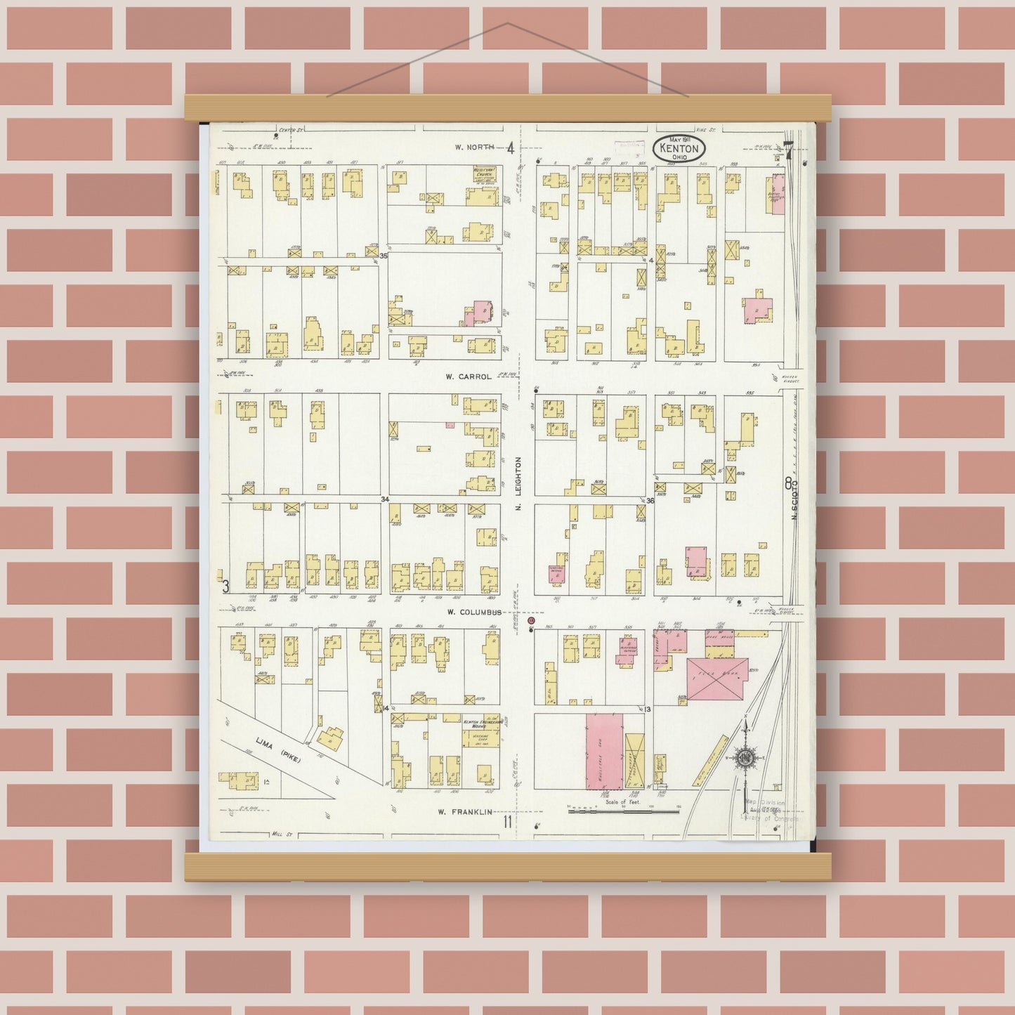 Old map wall art mockup — magnetic wood frame on brick wall — Sanborn Fire Insurance Map from Kenton, Hardin County, Ohio (1911), Sheet #0007