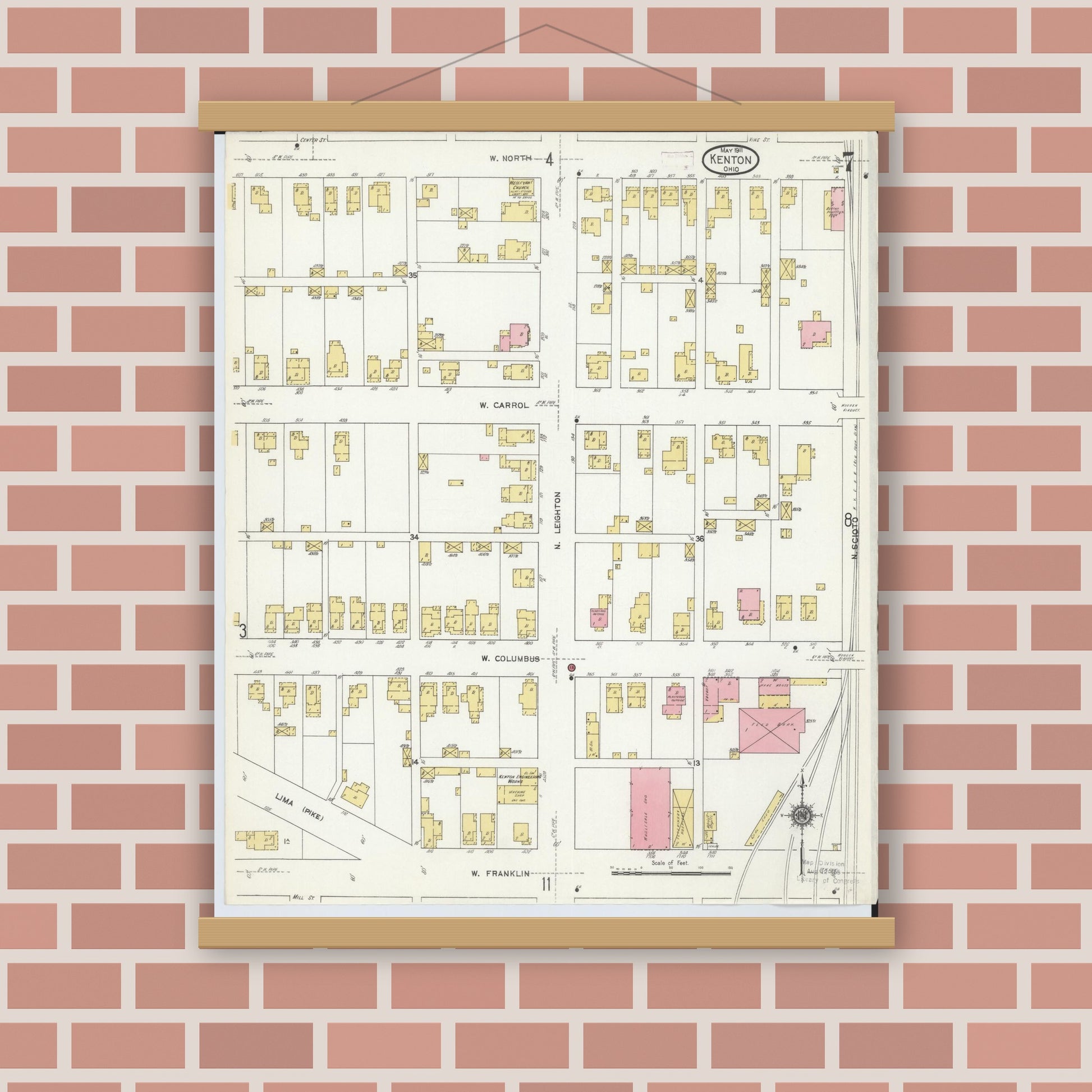 Old map wall art mockup — magnetic wood frame on brick wall — Sanborn Fire Insurance Map from Kenton, Hardin County, Ohio (1911), Sheet #0007