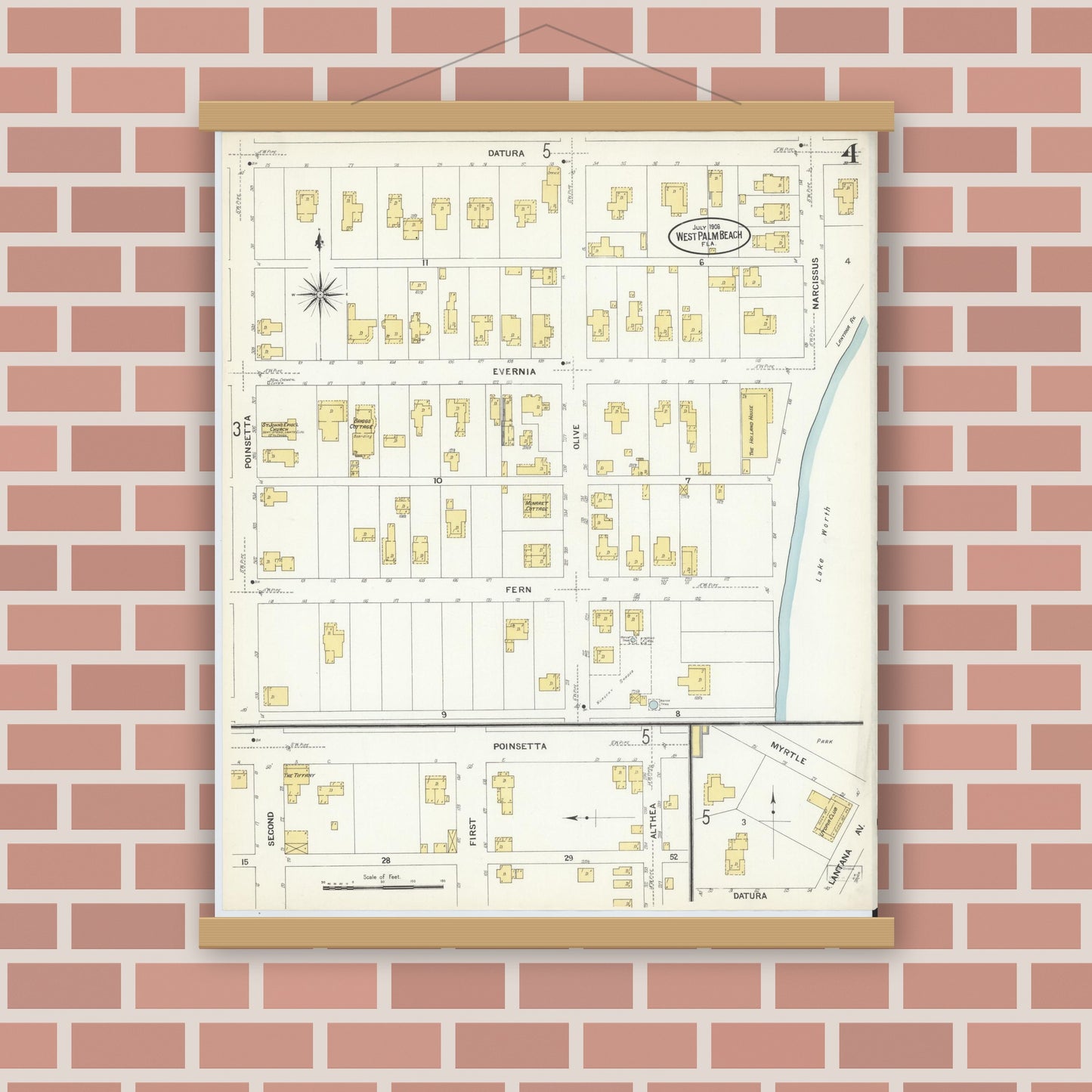 Old map wall art mockup — magnetic wood frame on brick wall — Sanborn Fire Insurance Map from West Palm Beach, Dade County, Florida (1908), Sheet #0004