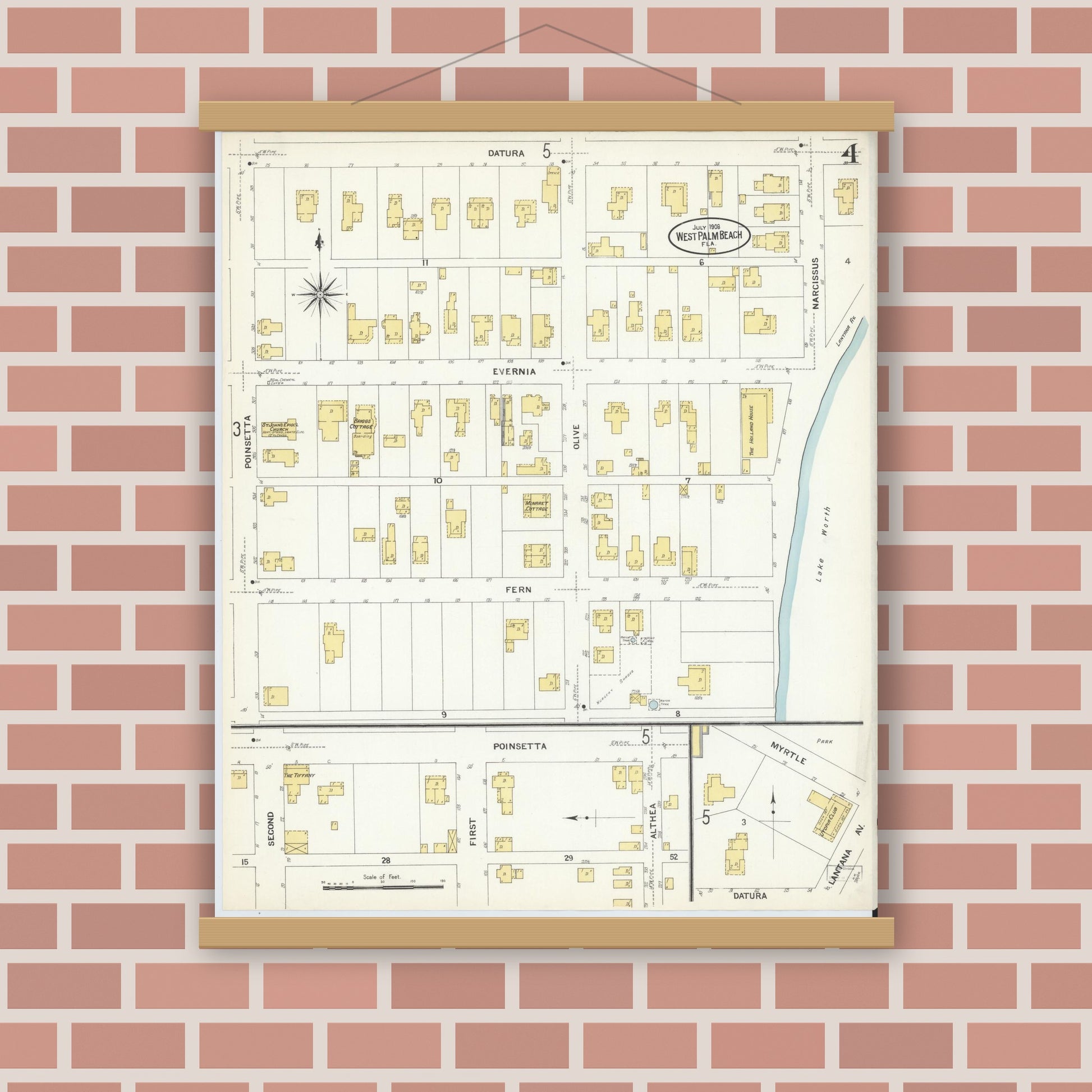 Old map wall art mockup — magnetic wood frame on brick wall — Sanborn Fire Insurance Map from West Palm Beach, Dade County, Florida (1908), Sheet #0004