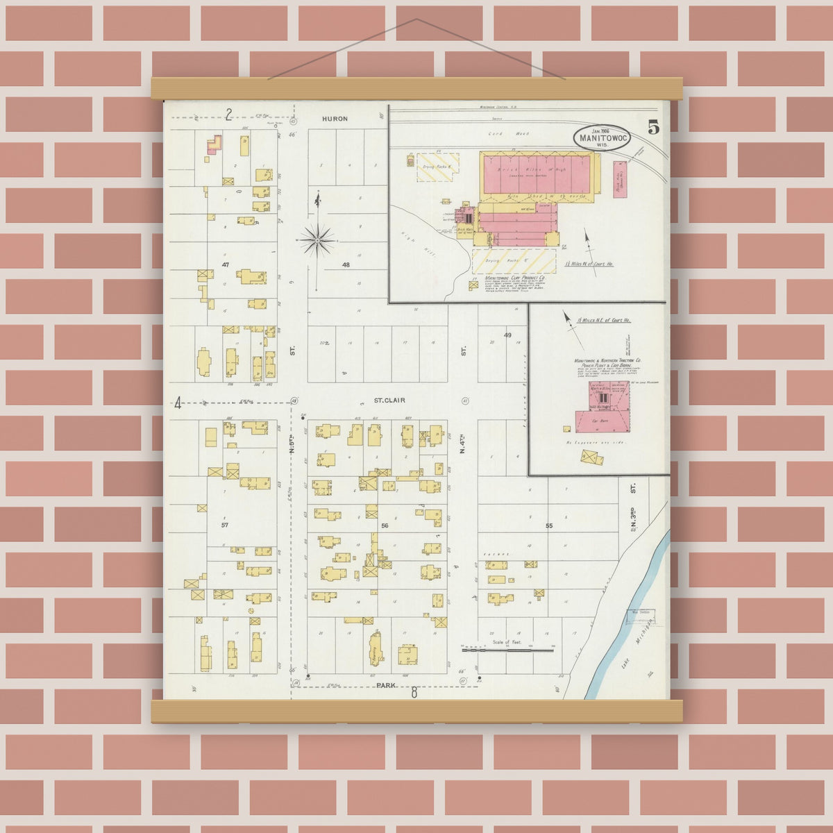 Old map wall art mockup — magnetic wood frame on brick wall — Sanborn Fire Insurance Map from Manitowoc, Manitowoc County, Wisconsin (1906), Sheet #0005