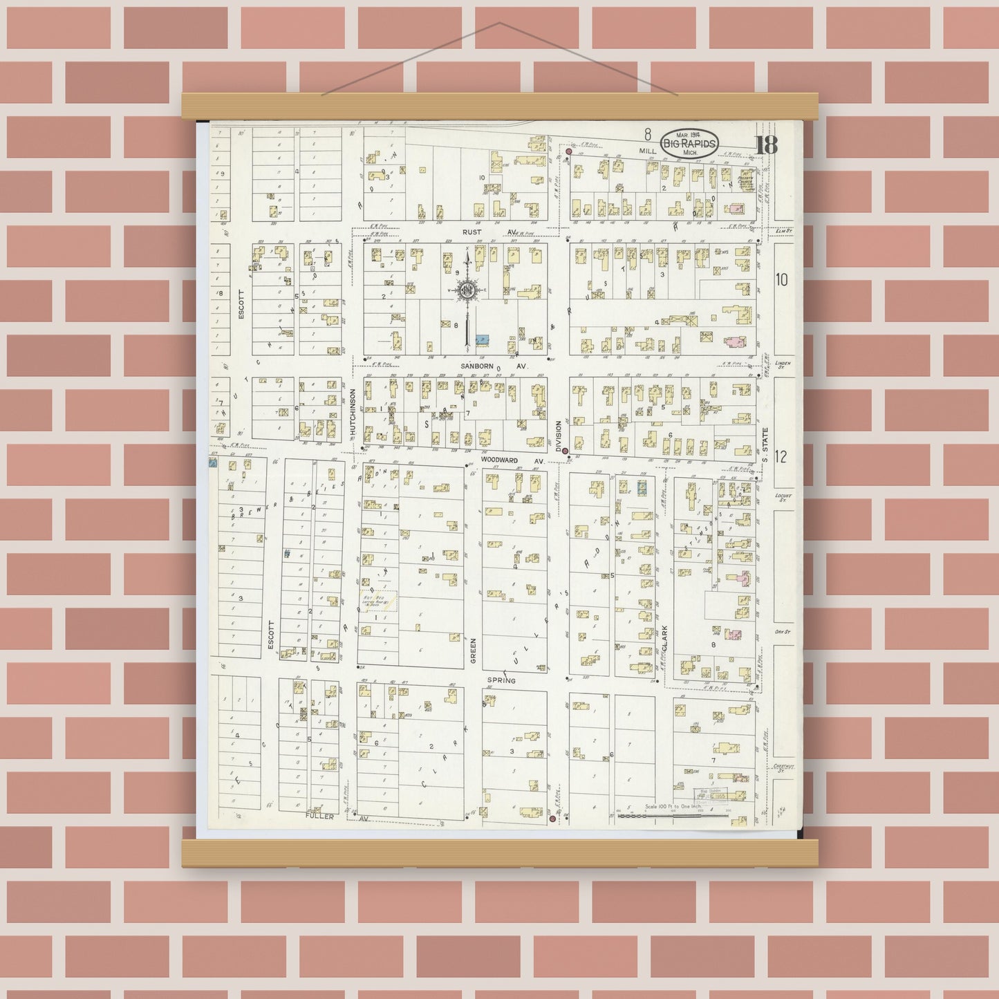Old map wall art mockup — magnetic wood frame on brick wall — Sanborn Fire Insurance Map from Big Rapids, Mecosta County, Michigan (1914), Sheet #0018