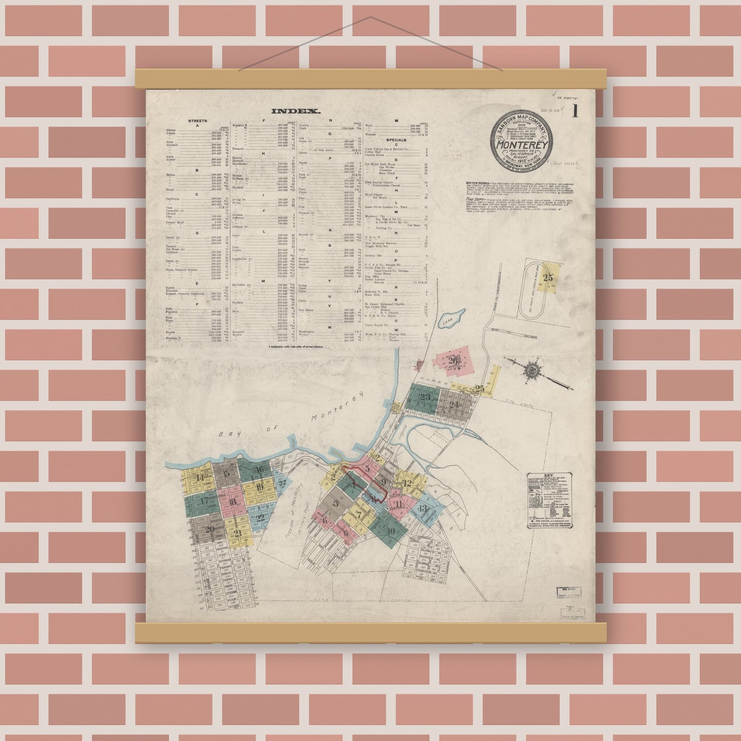 Old map wall art mockup — magnetic wood frame on brick wall — Sanborn Fire Insurance Map from Monterey, Monterey County, California (1912) - Complete Map Set