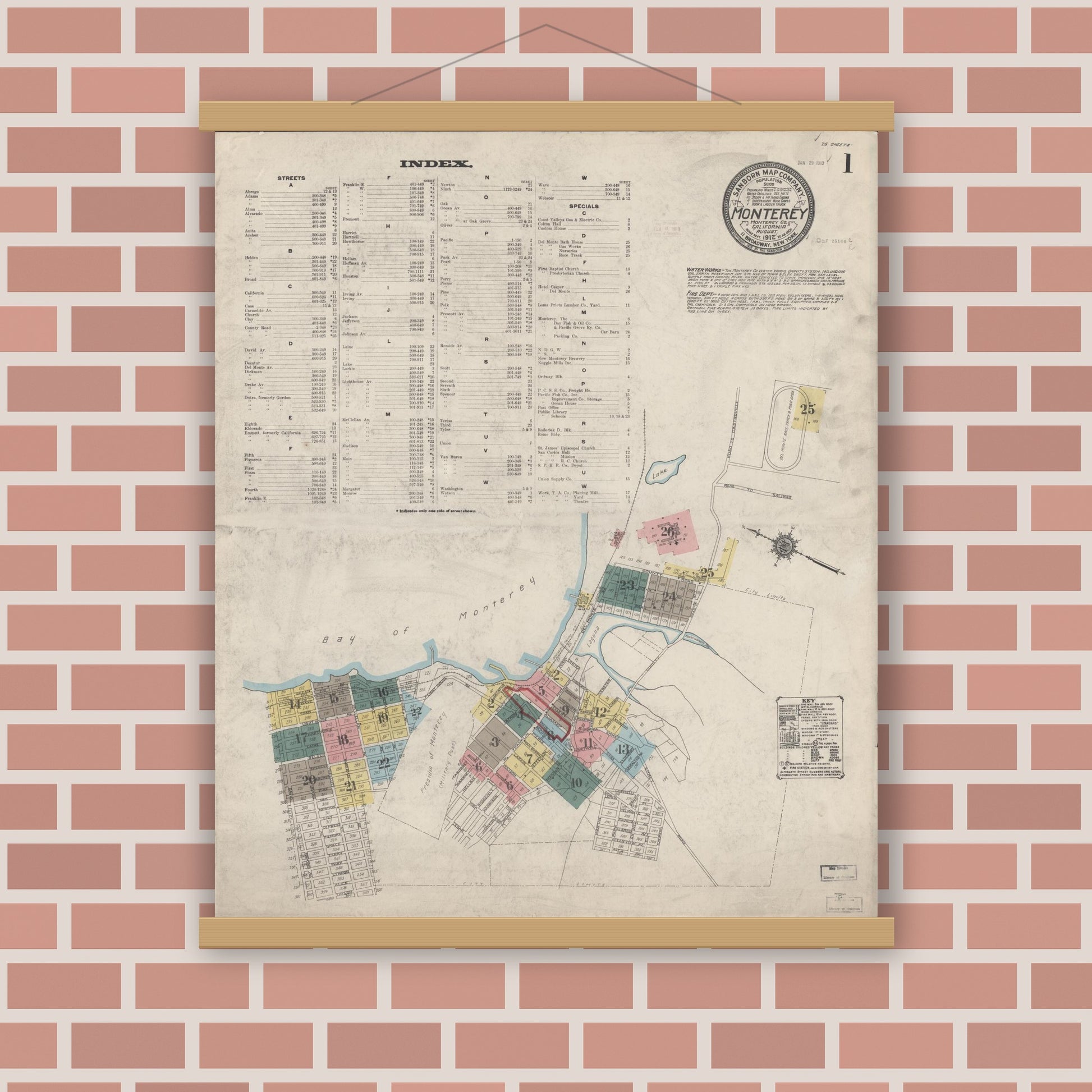 Old map wall art mockup — magnetic wood frame on brick wall — Sanborn Fire Insurance Map from Monterey, Monterey County, California (1912) - Complete Map Set
