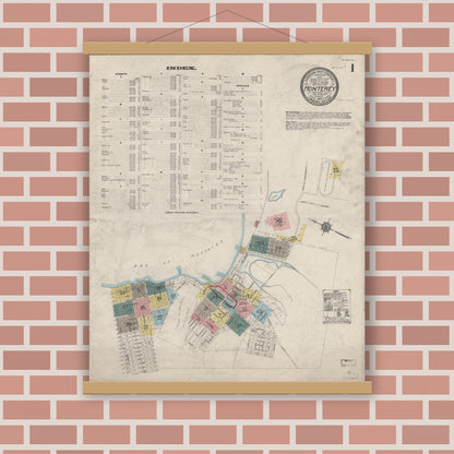 Old map wall art mockup — magnetic wood frame on brick wall — Sanborn Fire Insurance Map from Monterey, Monterey County, California (1912) - Complete Map Set