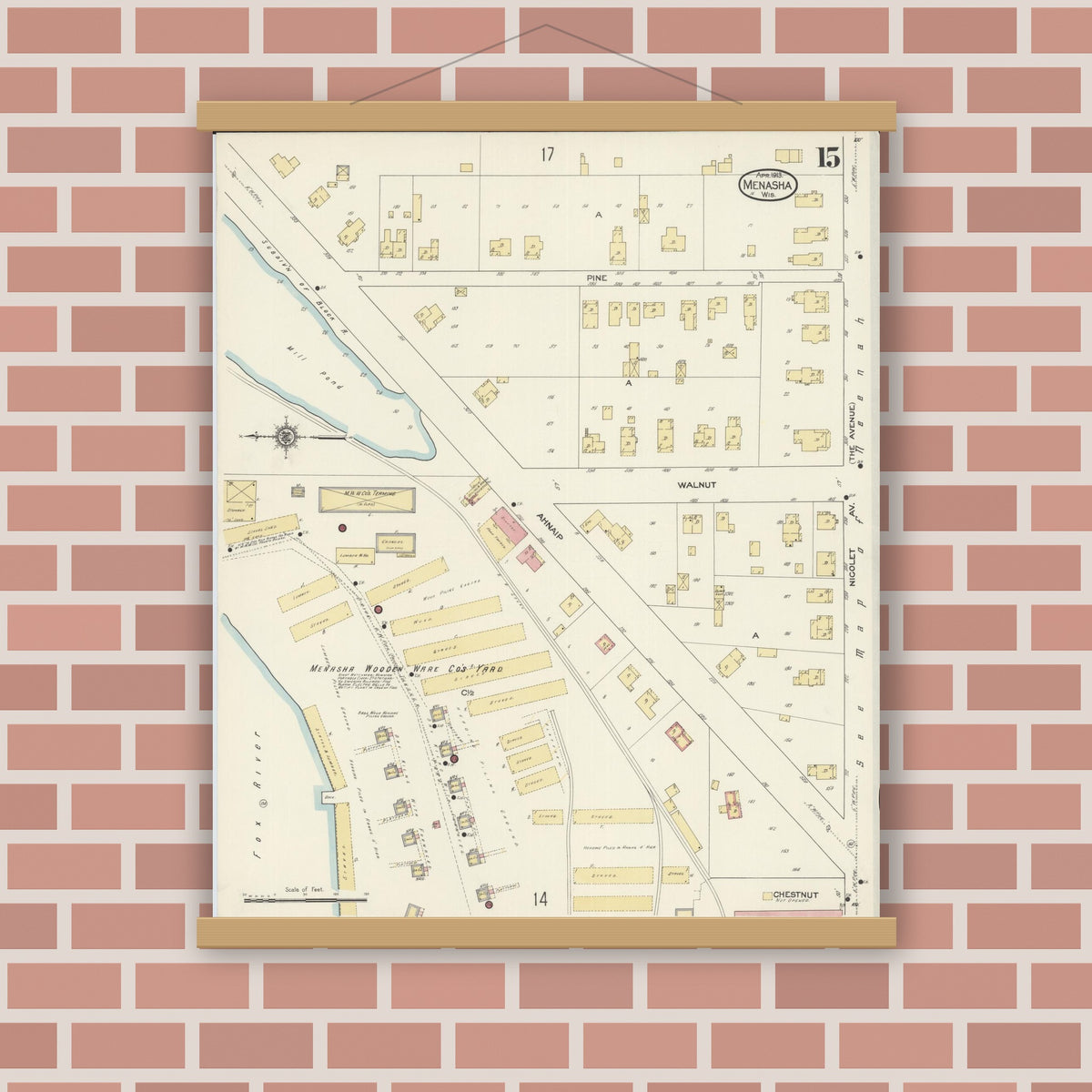 Old map wall art mockup — magnetic wood frame on brick wall — Sanborn Fire Insurance Map from Menasha, Winnebago County, Wisconsin (1913), Sheet #0015