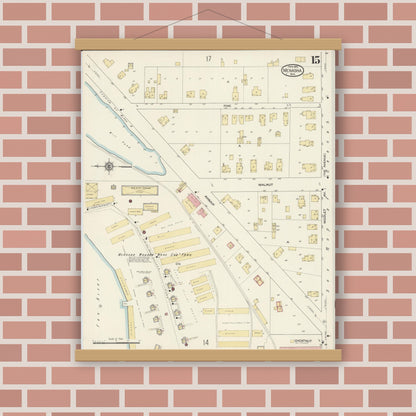 Old map wall art mockup — magnetic wood frame on brick wall — Sanborn Fire Insurance Map from Menasha, Winnebago County, Wisconsin (1913), Sheet #0015