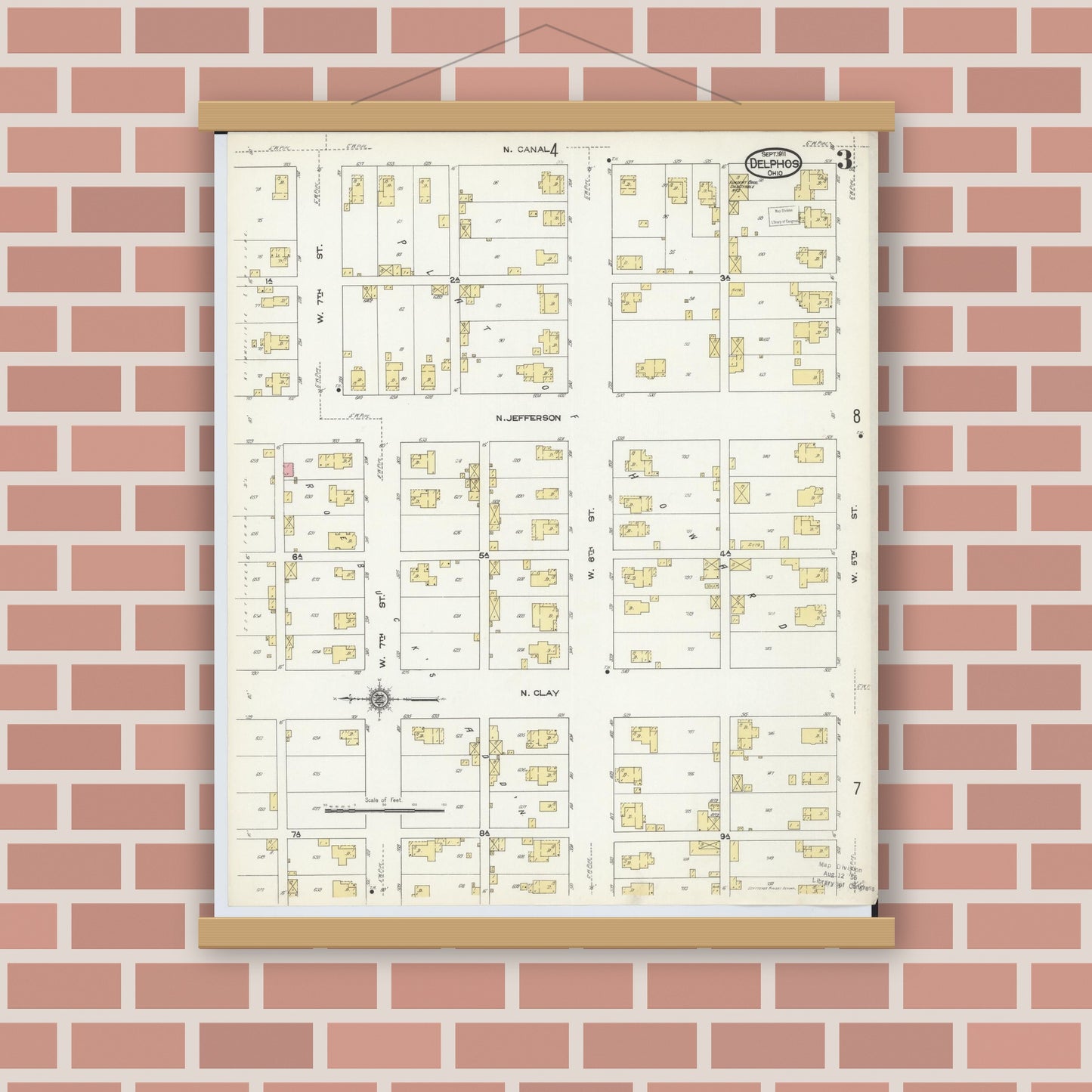 Old map wall art mockup — magnetic wood frame on brick wall — Sanborn Fire Insurance Map from Delphos, Van Wert And Allen Counties, Ohio (1911), Sheet #0003