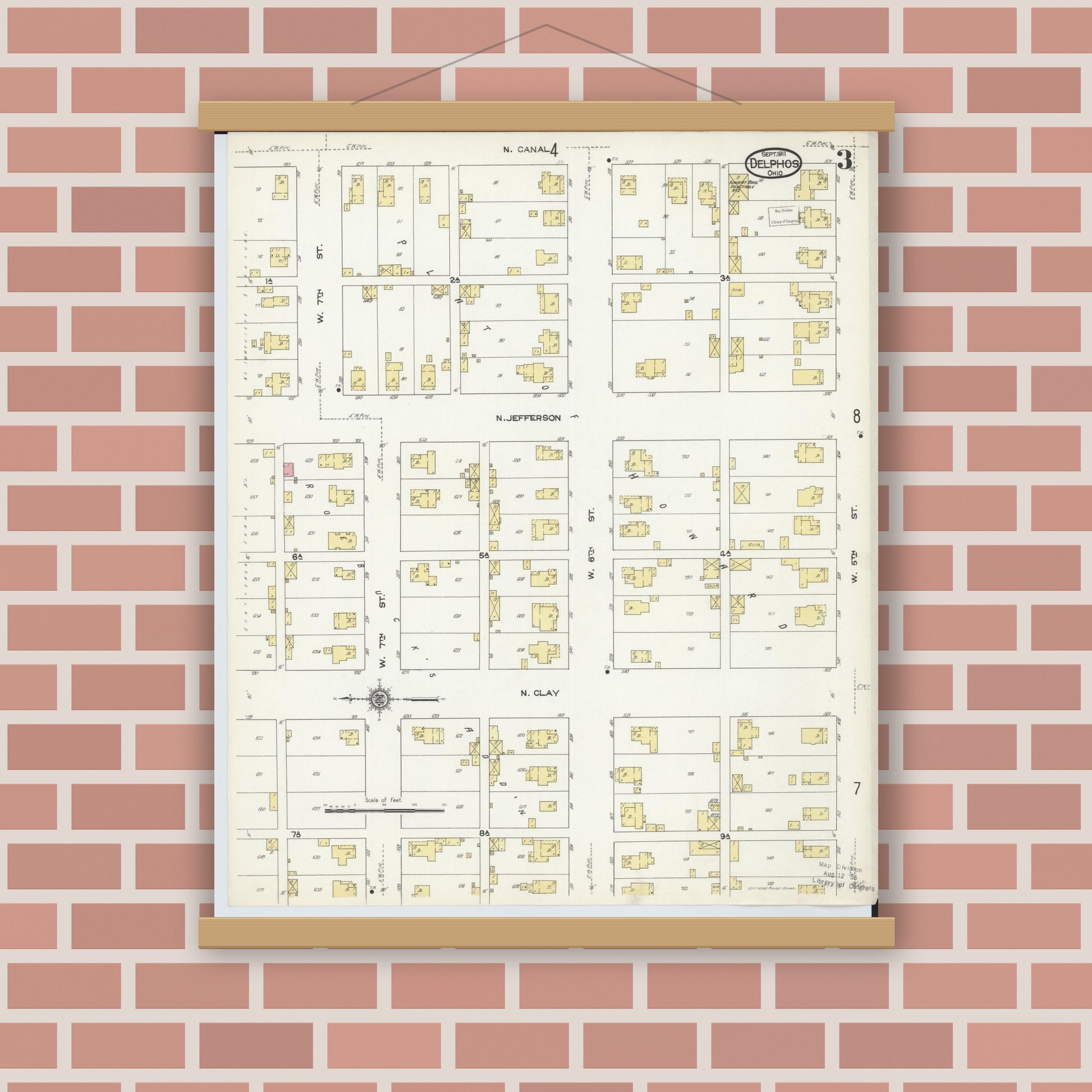 Old map wall art mockup — magnetic wood frame on brick wall — Sanborn Fire Insurance Map from Delphos, Van Wert And Allen Counties, Ohio (1911), Sheet #0003