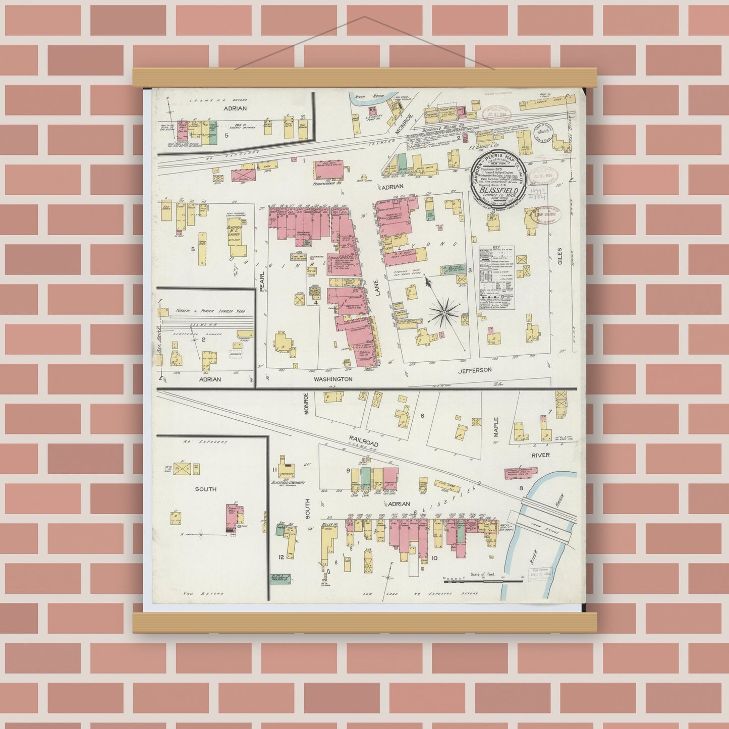 Old map wall art mockup — magnetic wood frame on brick wall — Sanborn Fire Insurance Map from Blissfield, Lenawee County, Michigan (1899), Sheet #0001