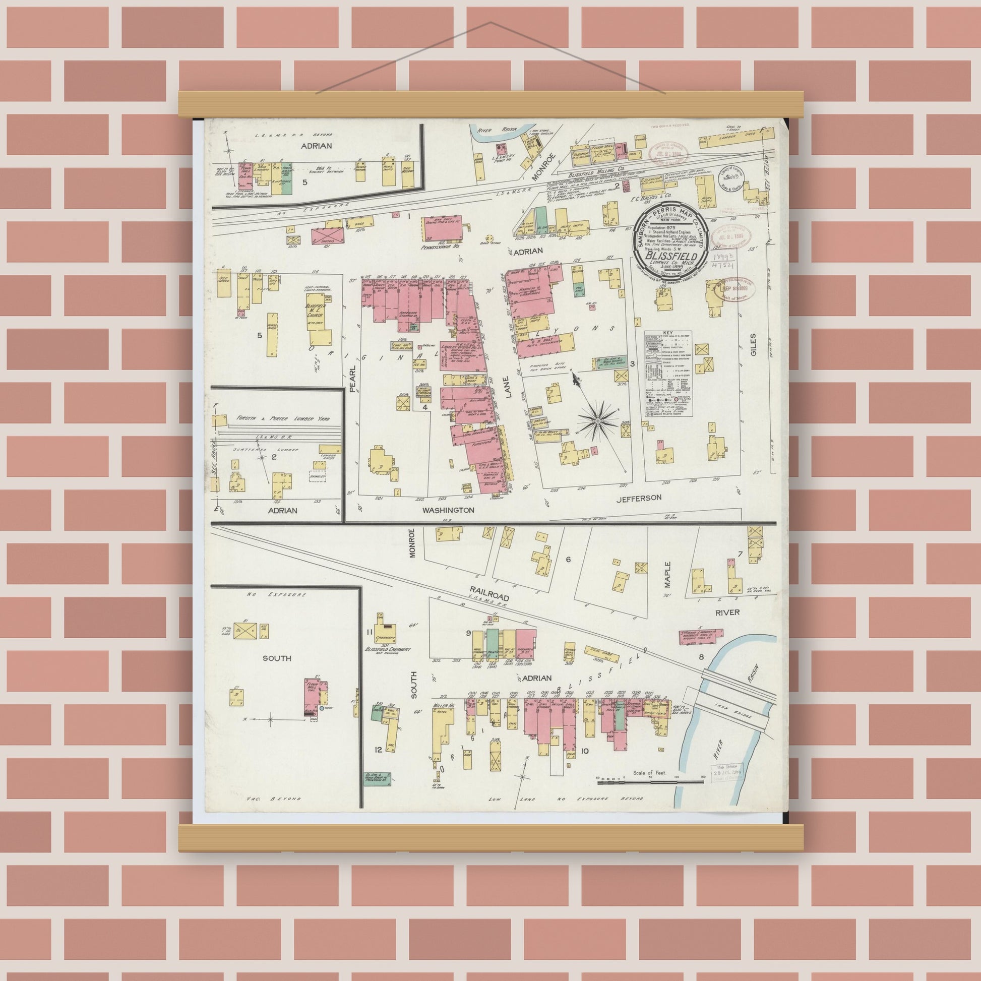 Old map wall art mockup — magnetic wood frame on brick wall — Sanborn Fire Insurance Map from Blissfield, Lenawee County, Michigan (1899), Sheet #0001