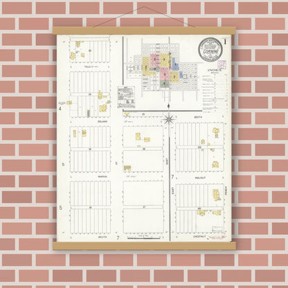 Old map wall art mockup — magnetic wood frame on brick wall — Sanborn Fire Insurance Map from Corning, Tehama County, California (1907), Sheet #0001