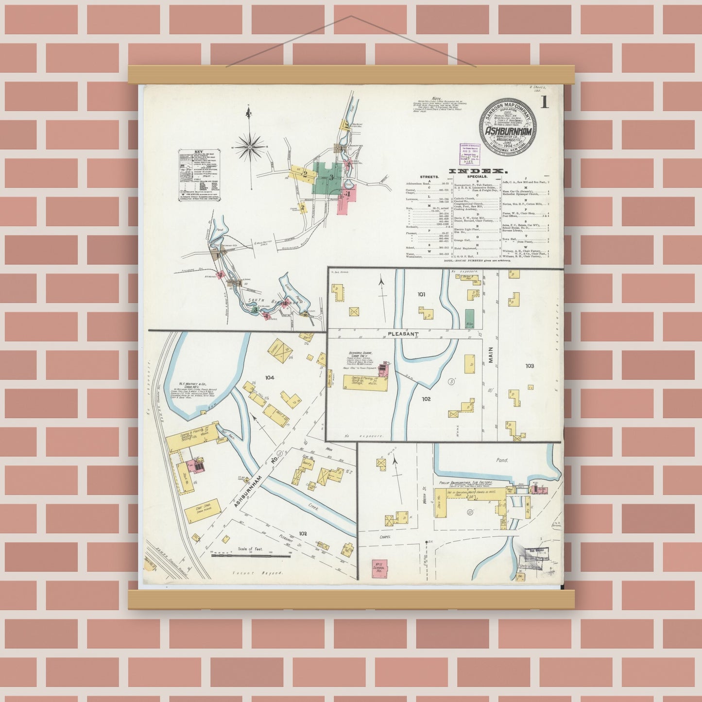 Old map wall art mockup — magnetic wood frame on brick wall — Sanborn Fire Insurance Map from Ashburnham, Worcester County, Massachusetts (1904), Sheet #0001