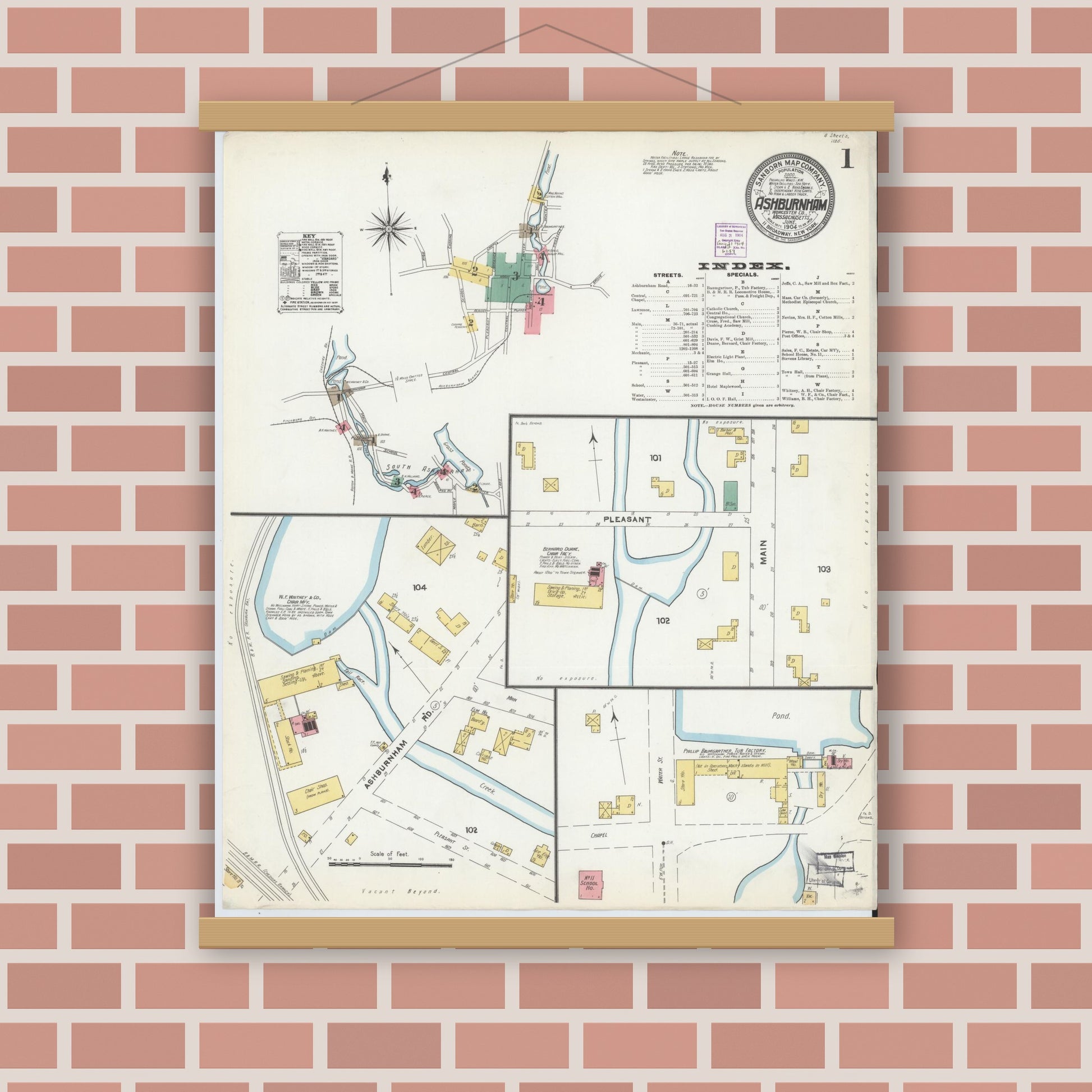 Old map wall art mockup — magnetic wood frame on brick wall — Sanborn Fire Insurance Map from Ashburnham, Worcester County, Massachusetts (1904), Sheet #0001