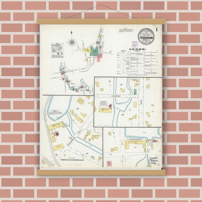 Old map wall art mockup — magnetic wood frame on brick wall — Sanborn Fire Insurance Map from Ashburnham, Worcester County, Massachusetts (1904), Sheet #0001