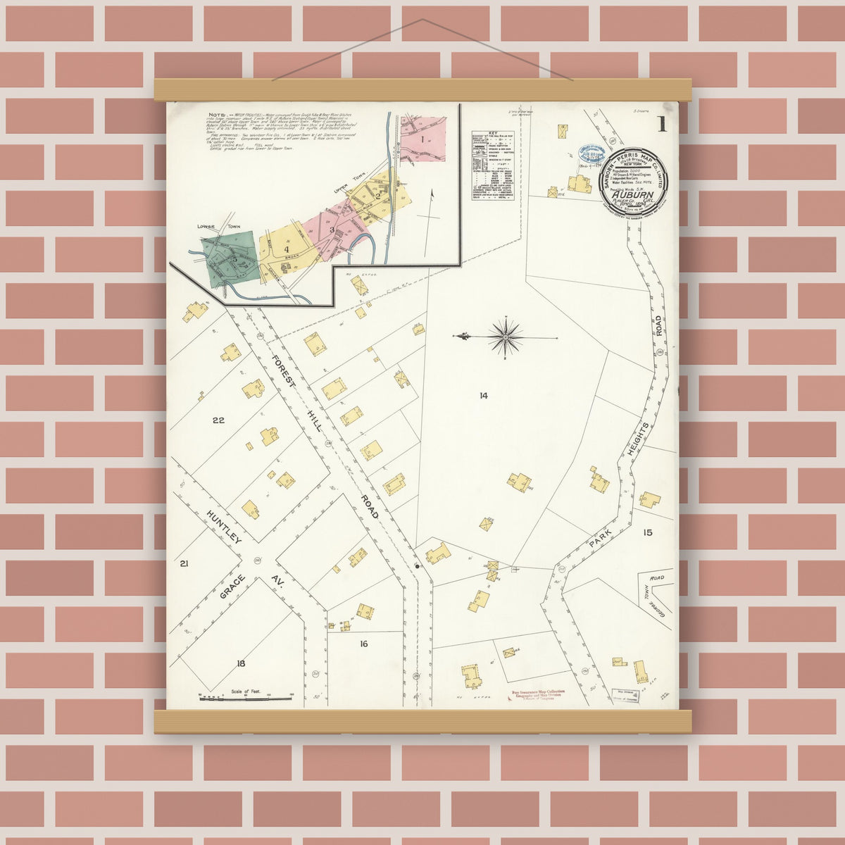 Old map wall art mockup — magnetic wood frame on brick wall — Sanborn Fire Insurance Map from Auburn, Placer County, California (1894), Sheet #0001