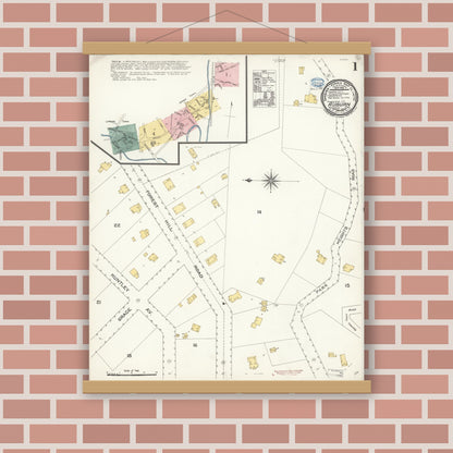 Old map wall art mockup — magnetic wood frame on brick wall — Sanborn Fire Insurance Map from Auburn, Placer County, California (1894), Sheet #0001