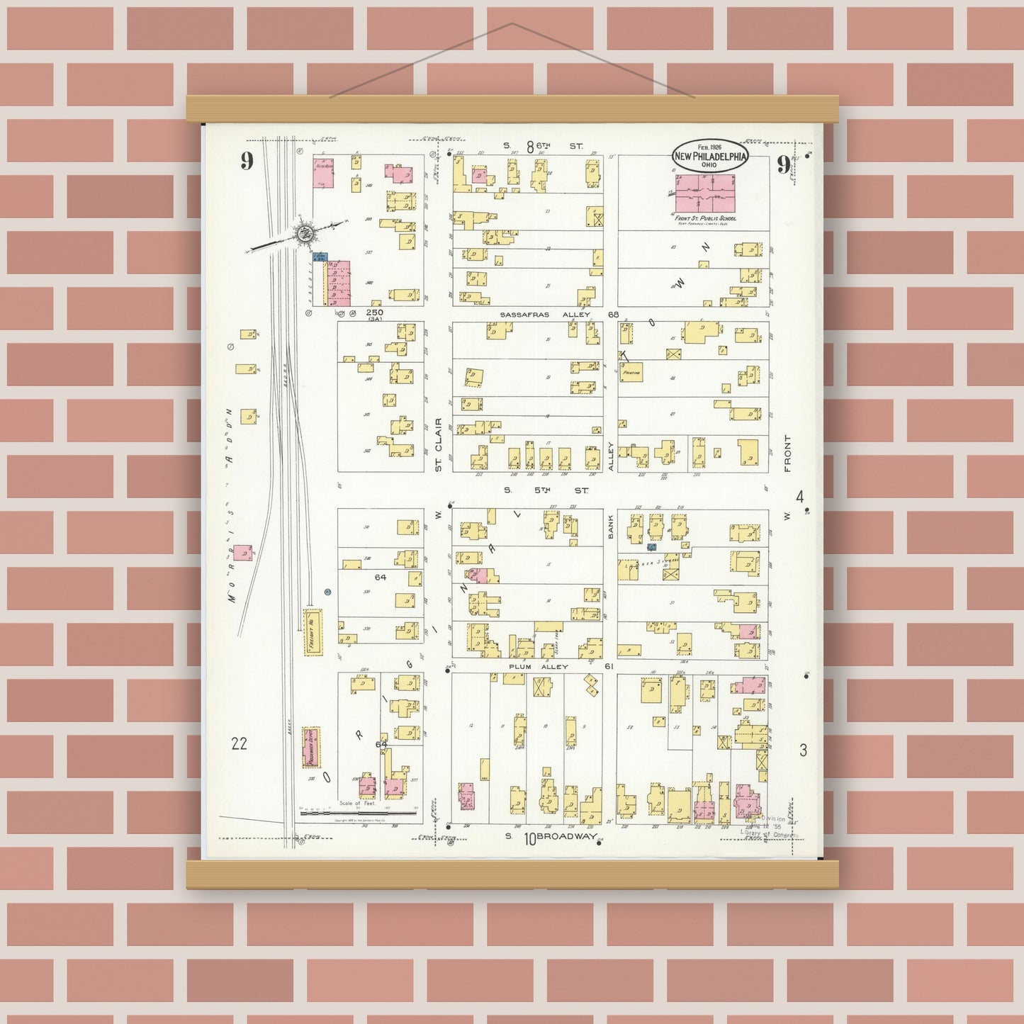 Old map wall art mockup — magnetic wood frame on brick wall — Sanborn Fire Insurance Map from New Philadelphia, Tuscarawas County, Ohio (1926), Sheet #0009