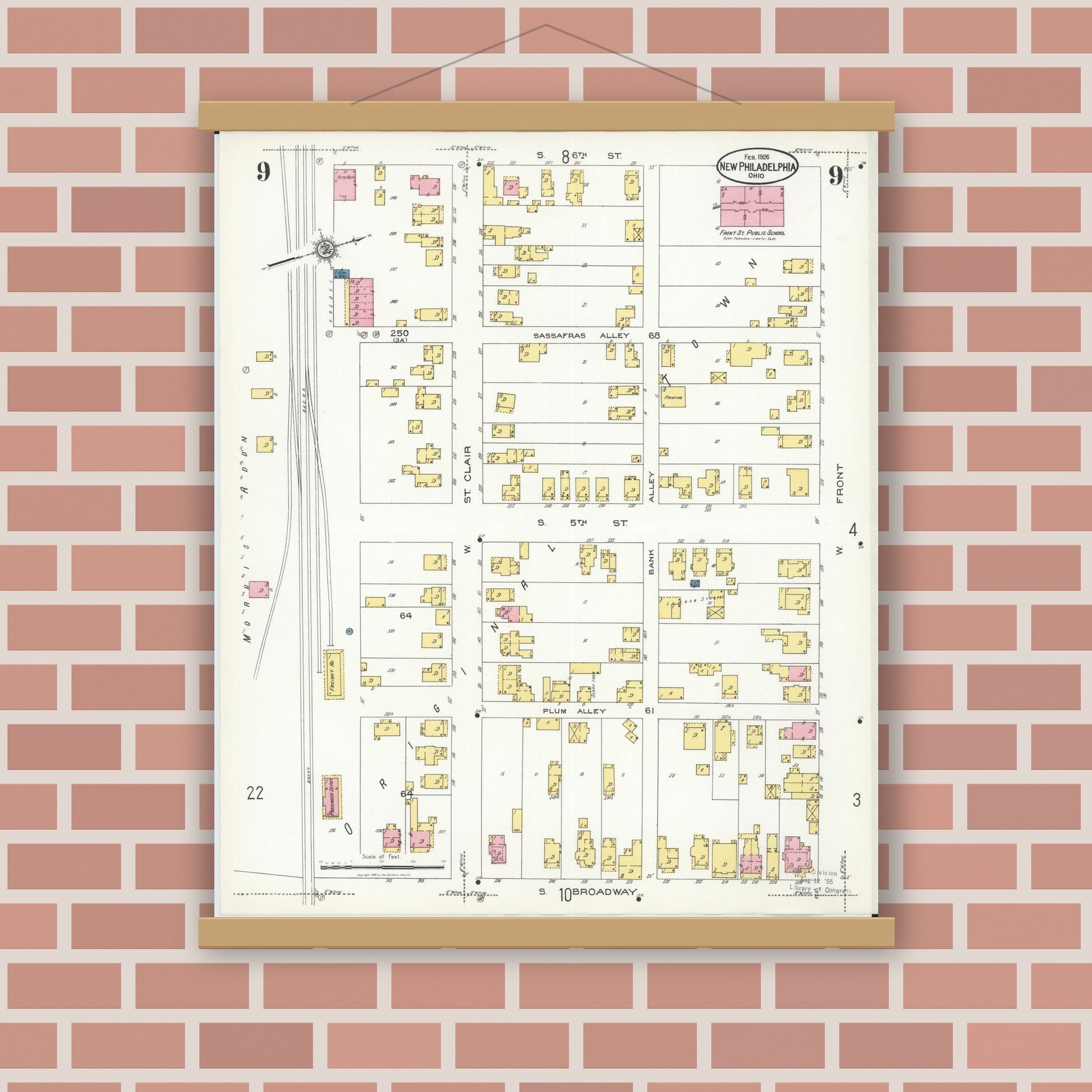 Old map wall art mockup — magnetic wood frame on brick wall — Sanborn Fire Insurance Map from New Philadelphia, Tuscarawas County, Ohio (1926), Sheet #0009