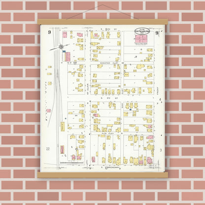 Old map wall art mockup — magnetic wood frame on brick wall — Sanborn Fire Insurance Map from New Philadelphia, Tuscarawas County, Ohio (1926), Sheet #0009