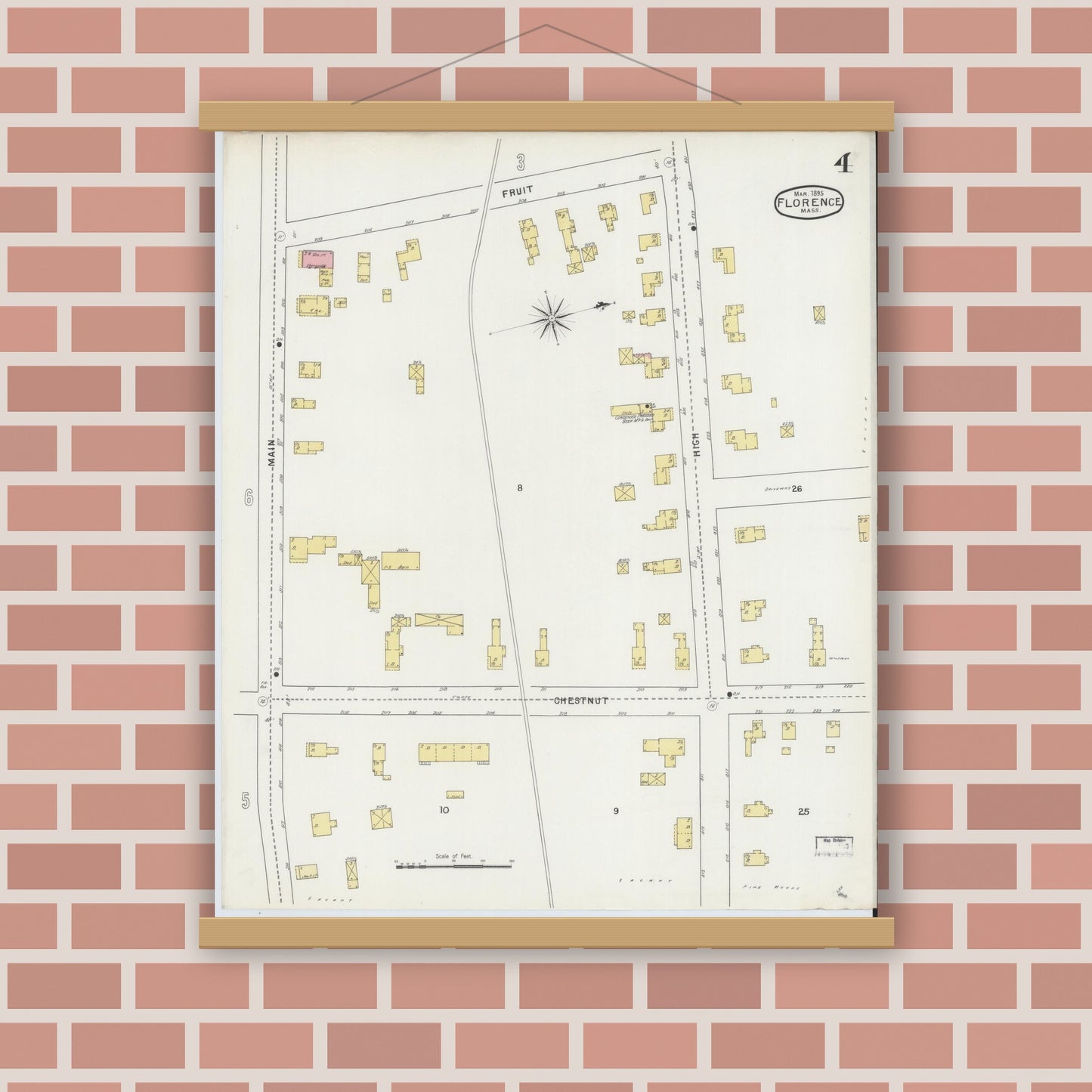 Old map wall art mockup — magnetic wood frame on brick wall — Sanborn Fire Insurance Map from Florence, Hampshire County, Massachusetts (1895), Sheet #0004
