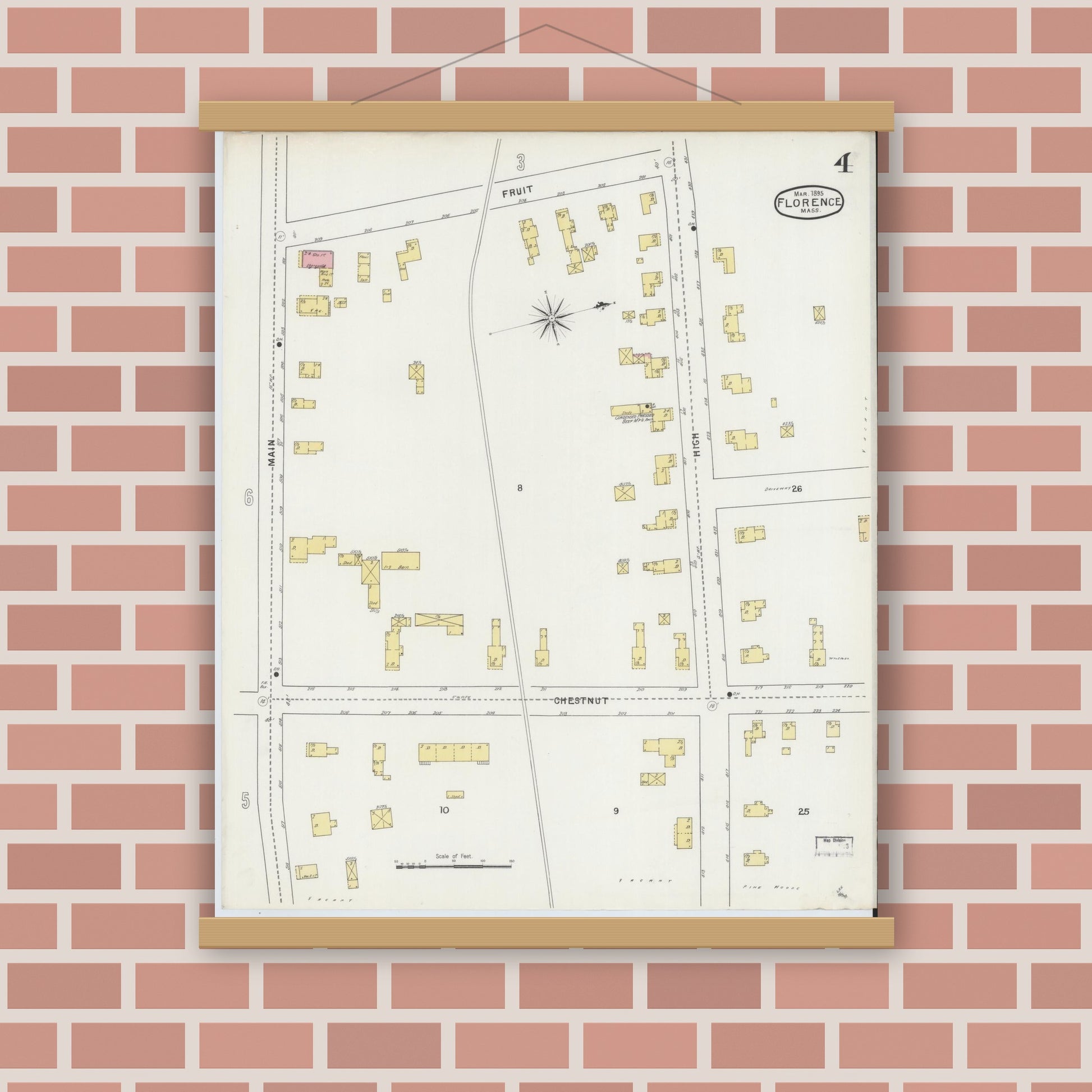 Old map wall art mockup — magnetic wood frame on brick wall — Sanborn Fire Insurance Map from Florence, Hampshire County, Massachusetts (1895), Sheet #0004