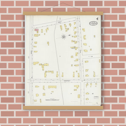 Old map wall art mockup — magnetic wood frame on brick wall — Sanborn Fire Insurance Map from Florence, Hampshire County, Massachusetts (1895), Sheet #0004