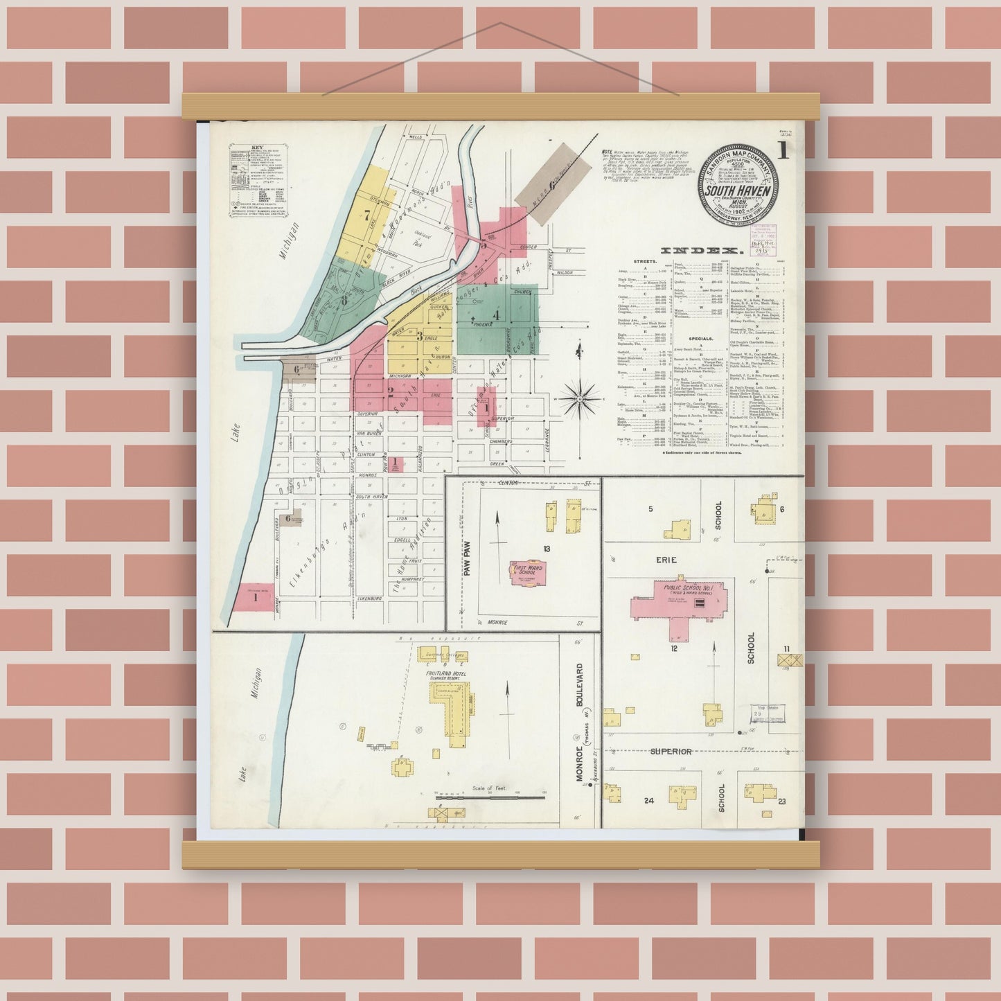 Old map wall art mockup — magnetic wood frame on brick wall — Sanborn Fire Insurance Map from South Haven, Van Buren County, Michigan (1902) - Complete Map Set