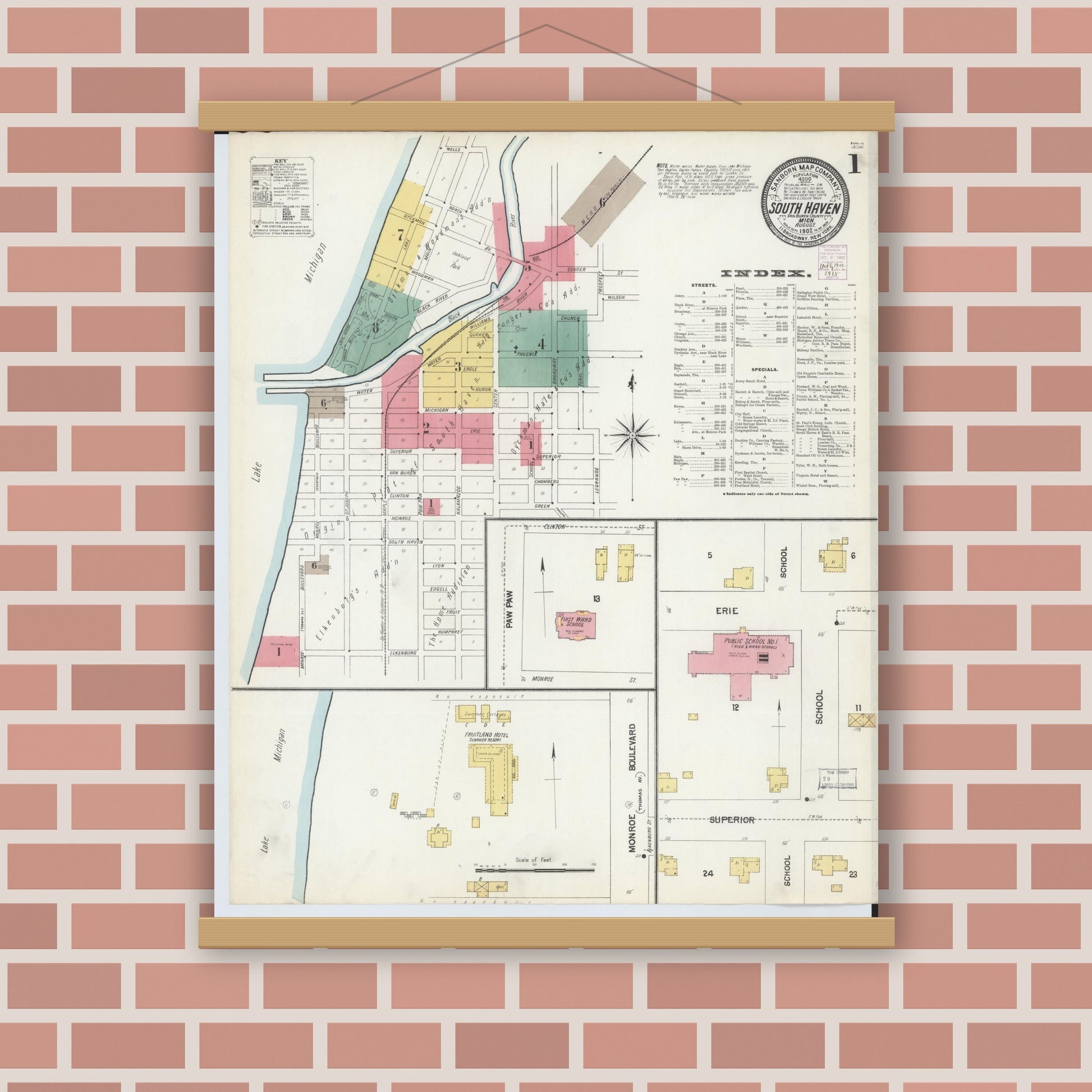 Old map wall art mockup — magnetic wood frame on brick wall — Sanborn Fire Insurance Map from South Haven, Van Buren County, Michigan (1902) - Complete Map Set