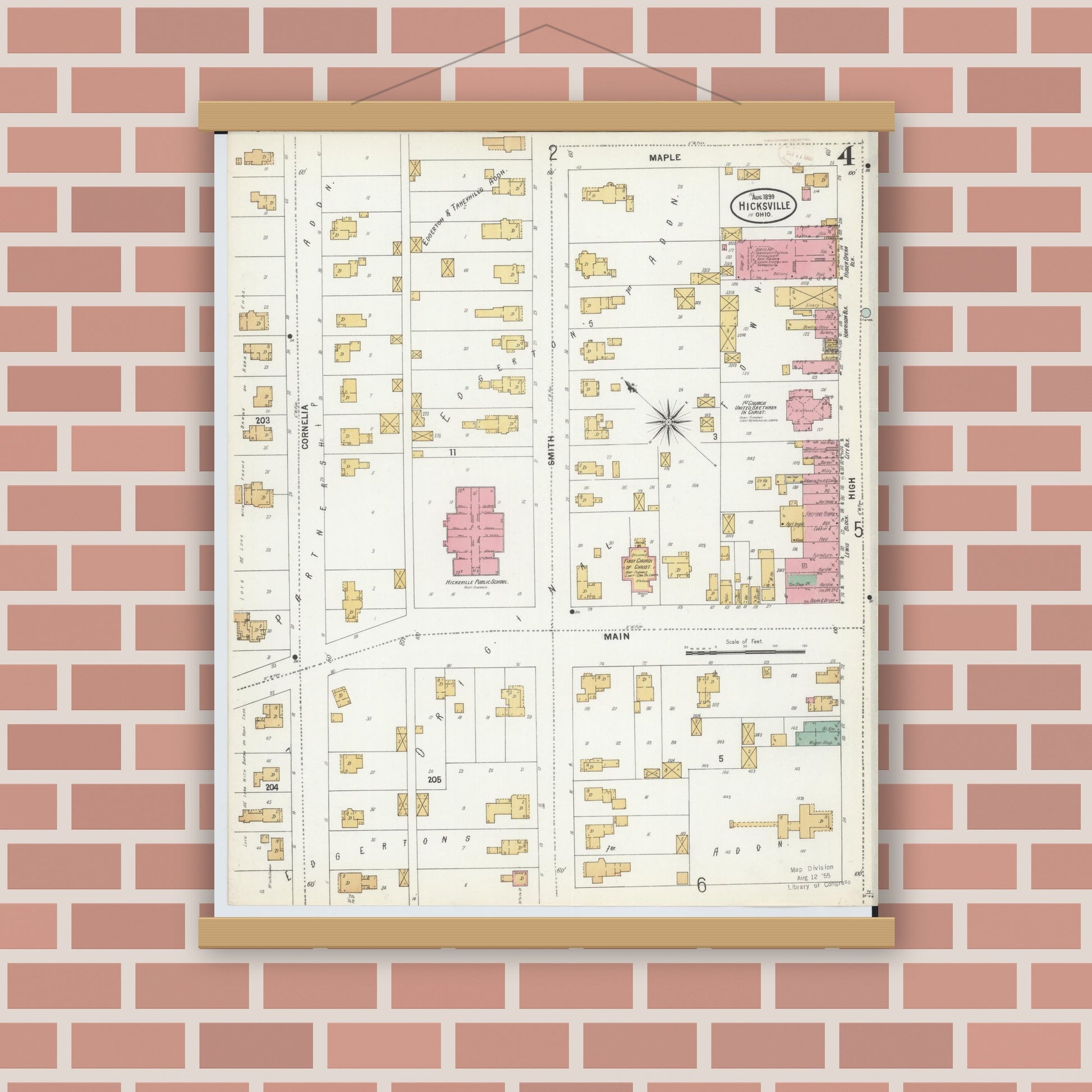 Old map wall art mockup — magnetic wood frame on brick wall — Sanborn Fire Insurance Map from Hicksville, Defiance County, Ohio (1899), Sheet #0004