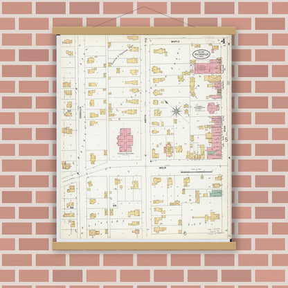 Old map wall art mockup — magnetic wood frame on brick wall — Sanborn Fire Insurance Map from Hicksville, Defiance County, Ohio (1899), Sheet #0004