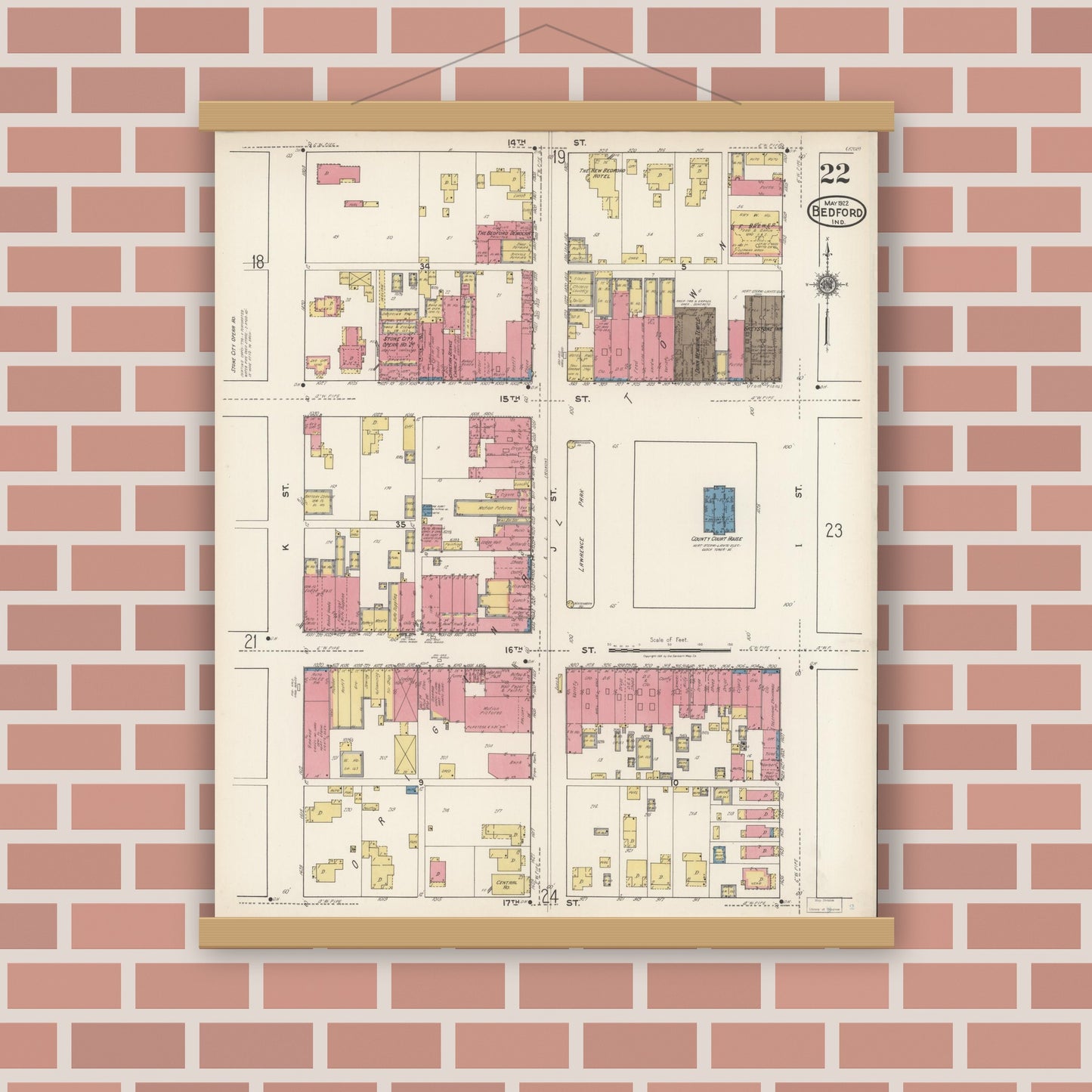 Old map wall art mockup — magnetic wood frame on brick wall — Sanborn Fire Insurance Map from Bedford, Lawrence County, Indiana (1922), Sheet #0022