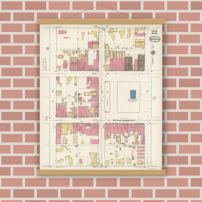 Old map wall art mockup — magnetic wood frame on brick wall — Sanborn Fire Insurance Map from Bedford, Lawrence County, Indiana (1922), Sheet #0022