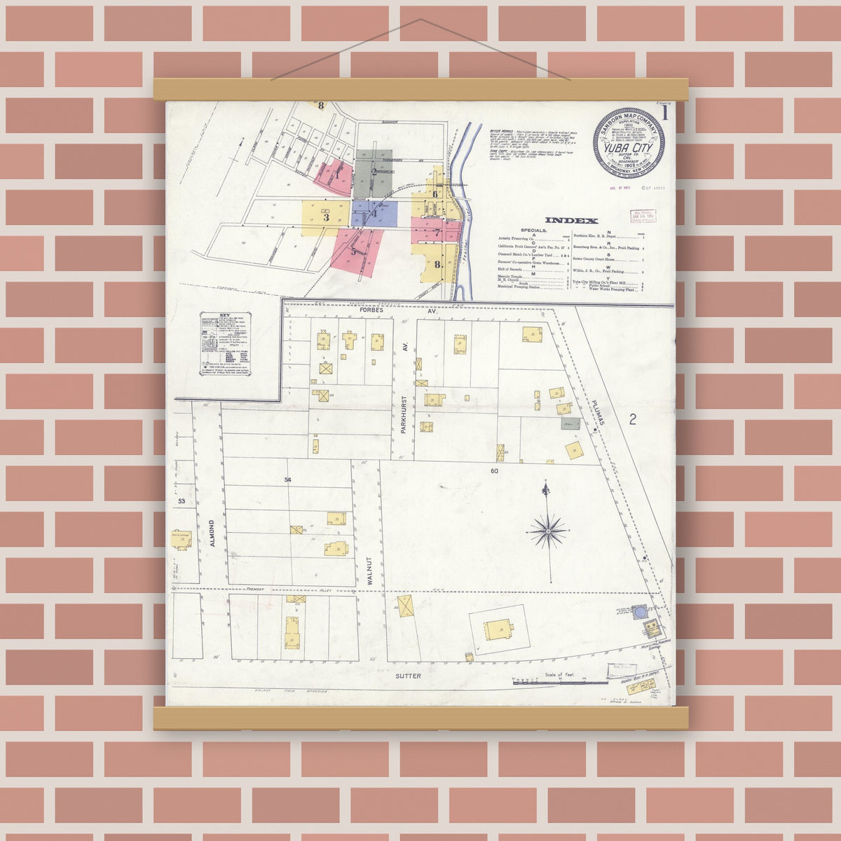 Old map wall art mockup — magnetic wood frame on brick wall — Sanborn Fire Insurance Map from Yuba City, Sutter County, California (1909) - Complete Map Set