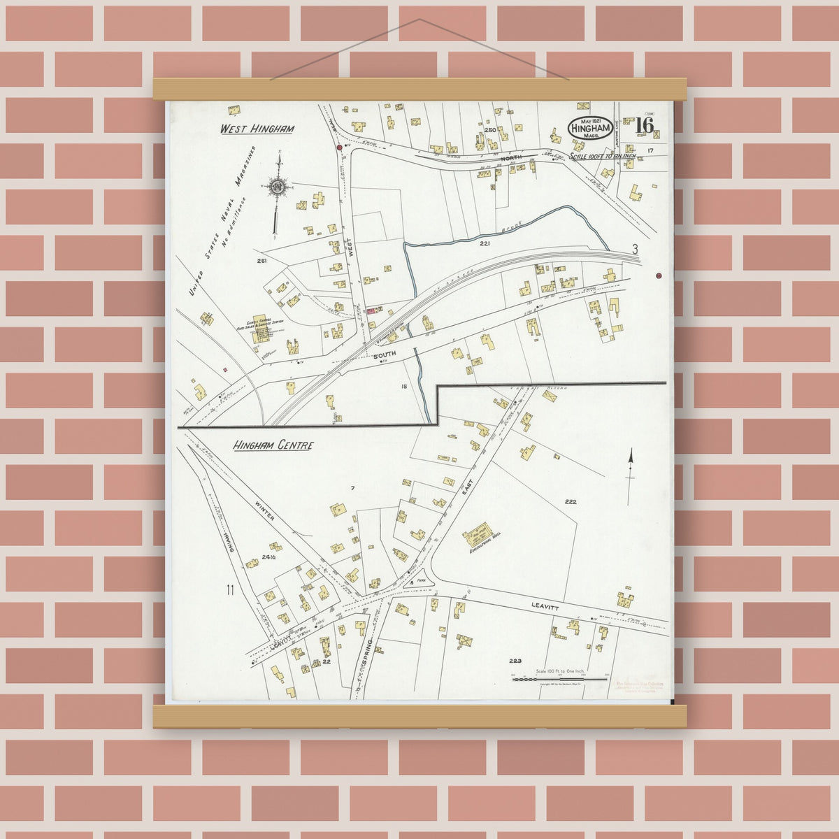 Old map wall art mockup — magnetic wood frame on brick wall — Sanborn Fire Insurance Map from Hingham, Plymouth County, Massachusetts (1921), Sheet #0016