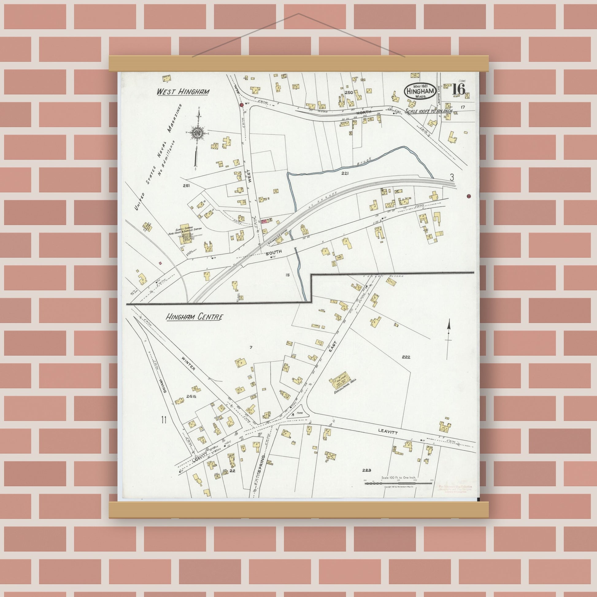 Old map wall art mockup — magnetic wood frame on brick wall — Sanborn Fire Insurance Map from Hingham, Plymouth County, Massachusetts (1921), Sheet #0016