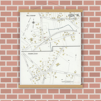Old map wall art mockup — magnetic wood frame on brick wall — Sanborn Fire Insurance Map from Hingham, Plymouth County, Massachusetts (1921), Sheet #0016