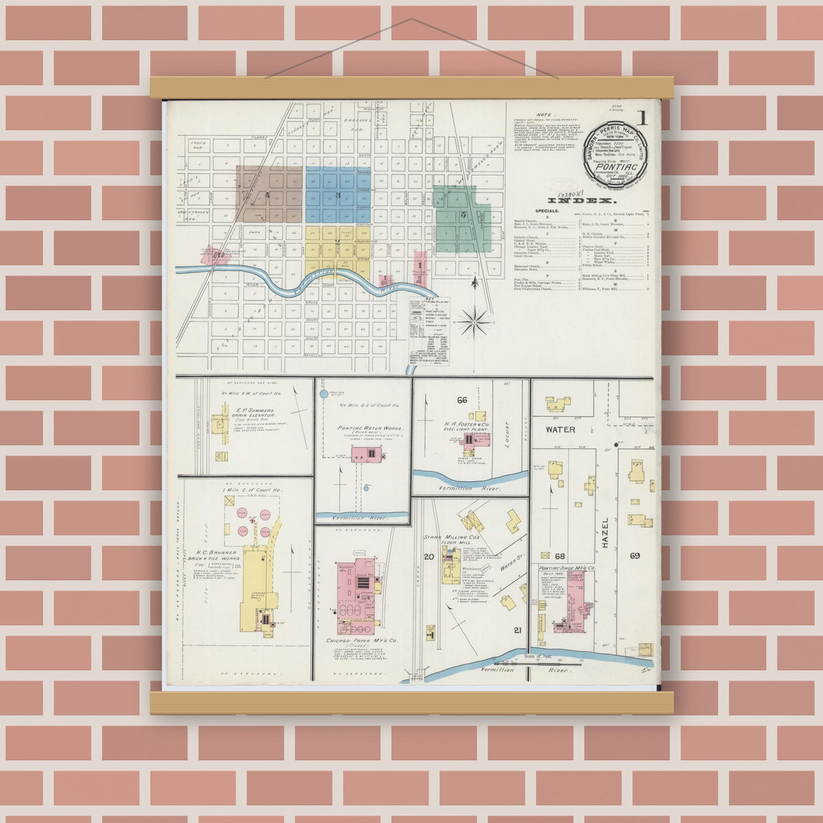 Old map wall art mockup — magnetic wood frame on brick wall — Sanborn Fire Insurance Map from Pontiac, Livingston County, Illinois (1892), Sheet #0001