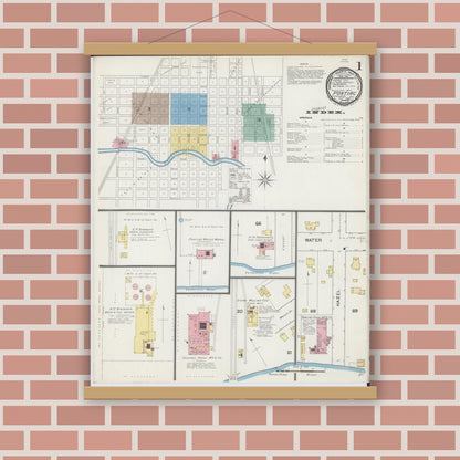 Old map wall art mockup — magnetic wood frame on brick wall — Sanborn Fire Insurance Map from Pontiac, Livingston County, Illinois (1892), Sheet #0001