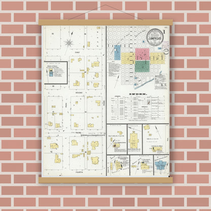 Old map wall art mockup — magnetic wood frame on brick wall — Sanborn Fire Insurance Map from Lampasas, Lampasas County, Texas (1902), Sheet #0001