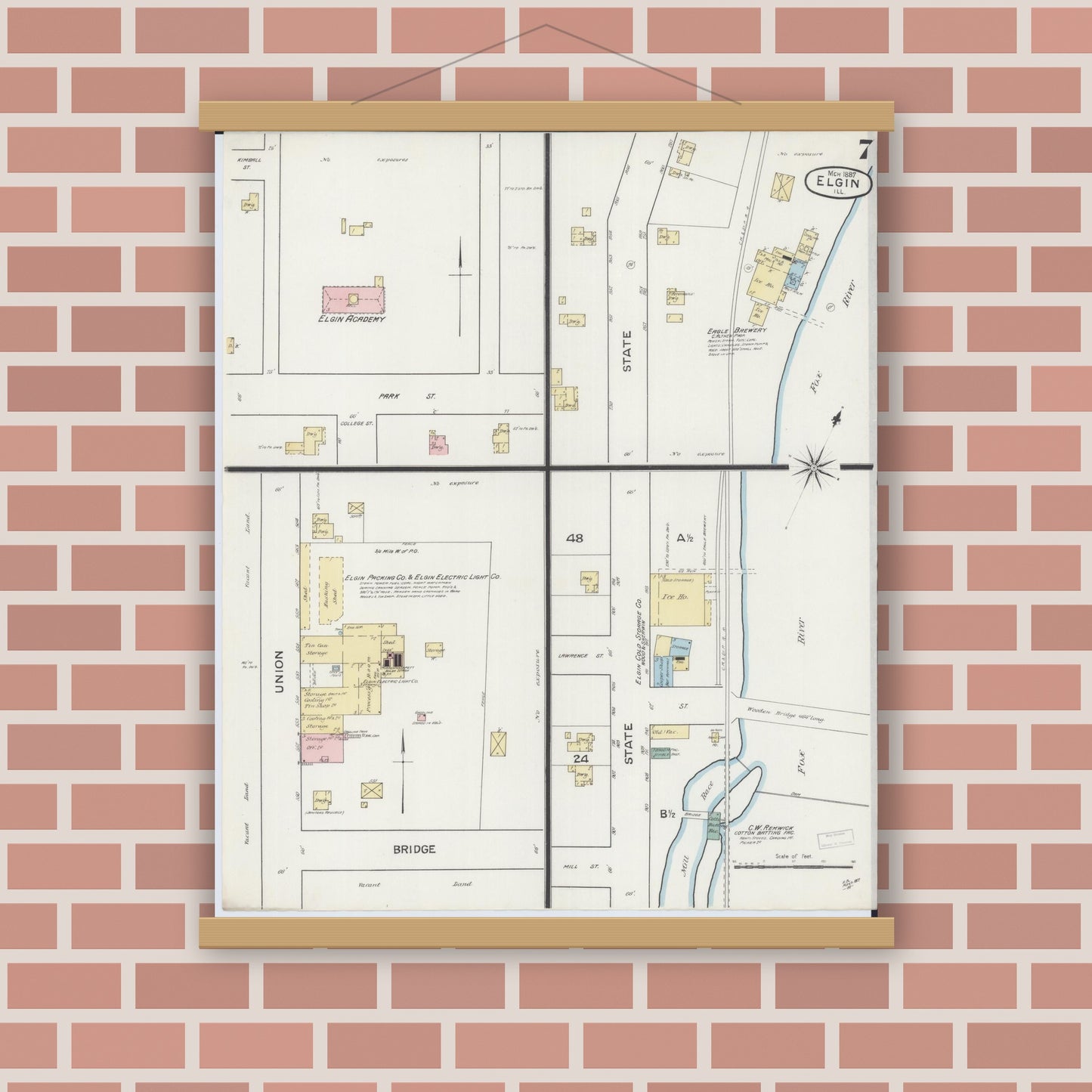 Old map wall art mockup — magnetic wood frame on brick wall — Sanborn Fire Insurance Map from Elgin, Kane County, Illinois (1887), Sheet #0007