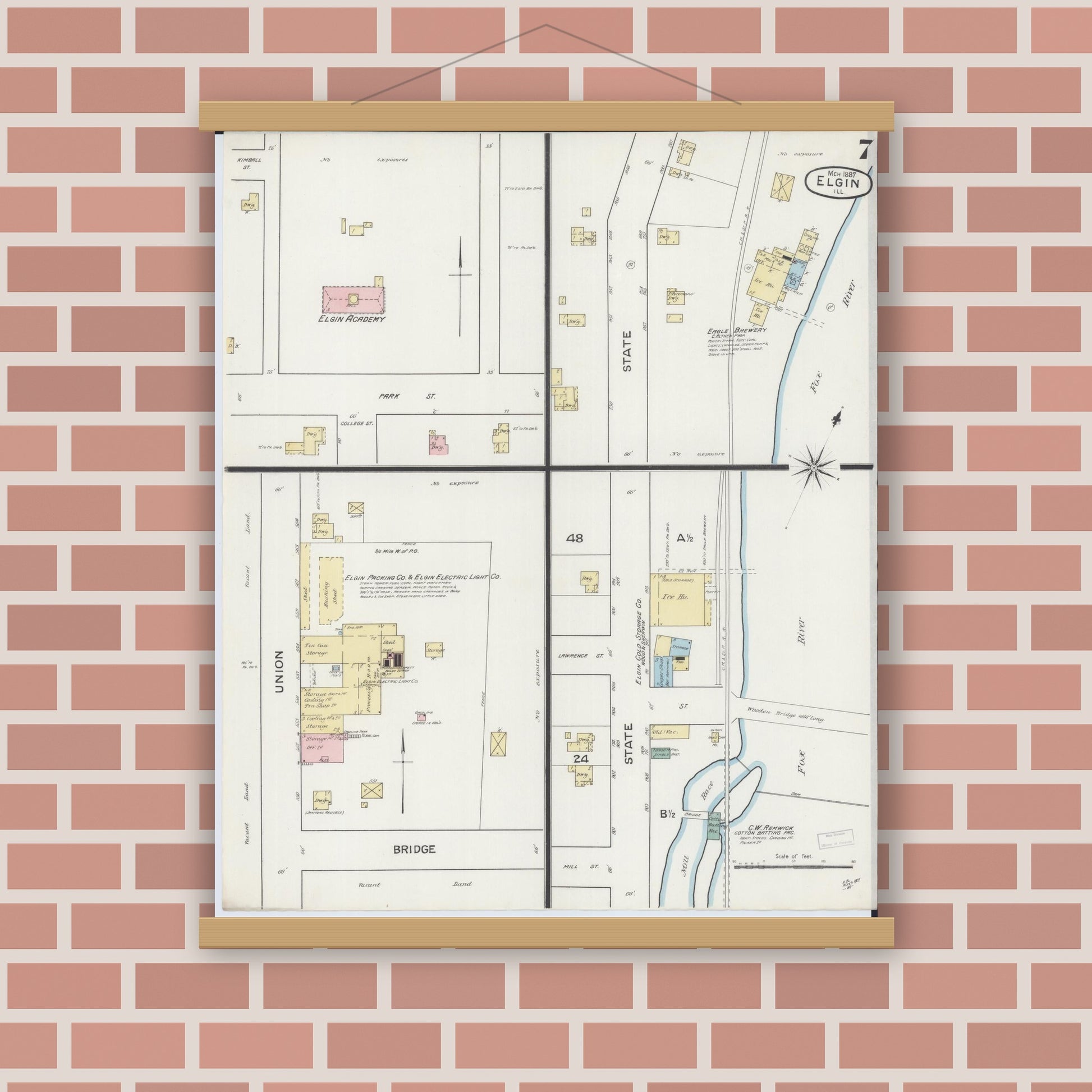 Old map wall art mockup — magnetic wood frame on brick wall — Sanborn Fire Insurance Map from Elgin, Kane County, Illinois (1887), Sheet #0007