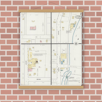 Old map wall art mockup — magnetic wood frame on brick wall — Sanborn Fire Insurance Map from Elgin, Kane County, Illinois (1887), Sheet #0007