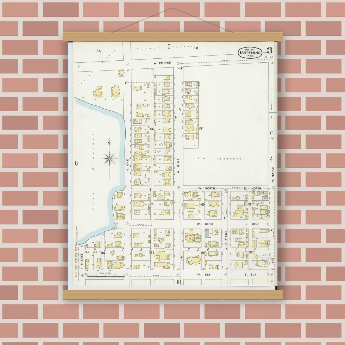 Old map wall art mockup — magnetic wood frame on brick wall — Sanborn Fire Insurance Map from Ishpeming, Marquette County, Michigan (1897), Sheet #0003