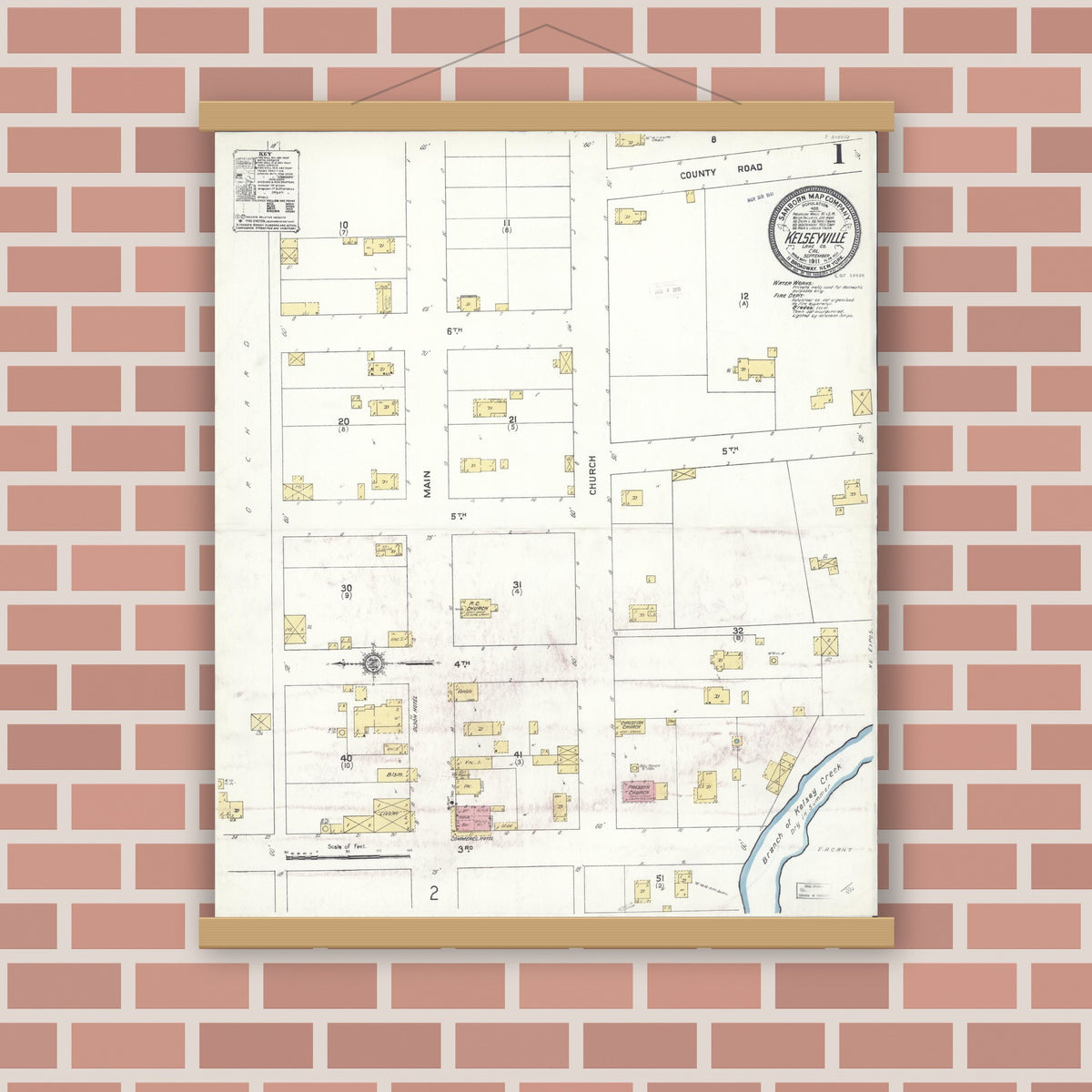 Old map wall art mockup — magnetic wood frame on brick wall — Sanborn Fire Insurance Map from Kelseyville, Lake County, California (1911), Sheet #0001