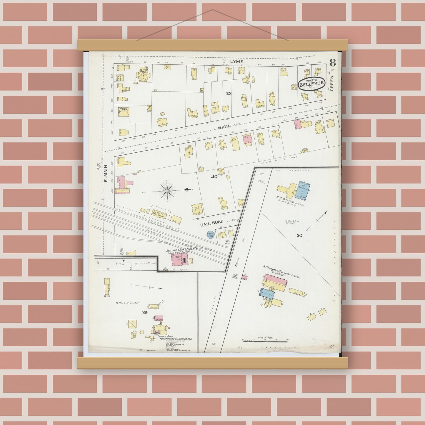 Old map wall art mockup — magnetic wood frame on brick wall — Sanborn Fire Insurance Map from Bellevue, Huron And Sandusky County, Ohio (1893), Sheet #0008