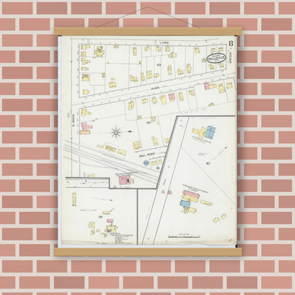 Old map wall art mockup — magnetic wood frame on brick wall — Sanborn Fire Insurance Map from Bellevue, Huron And Sandusky County, Ohio (1893), Sheet #0008