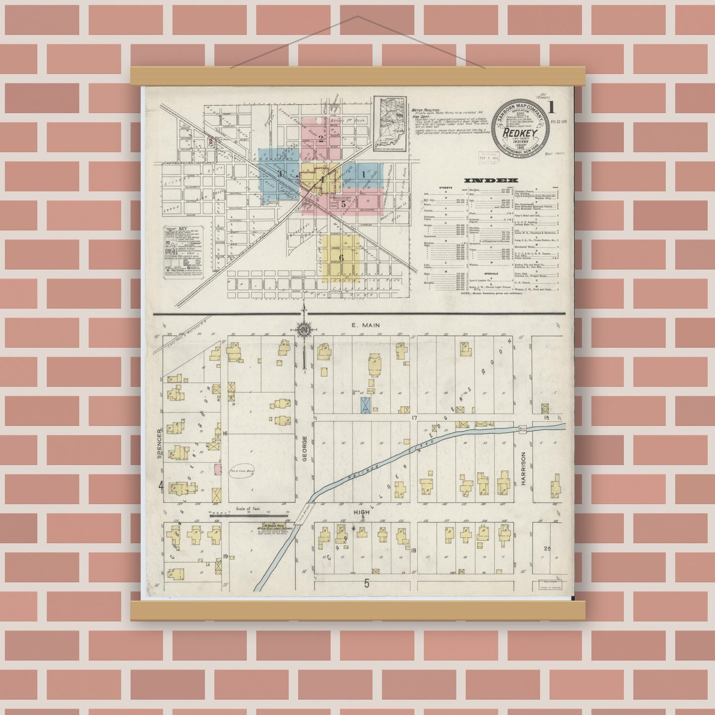 Old map wall art mockup — magnetic wood frame on brick wall — Sanborn Fire Insurance Map from Redkey, Jay County, Indiana (1915) - Complete Map Set
