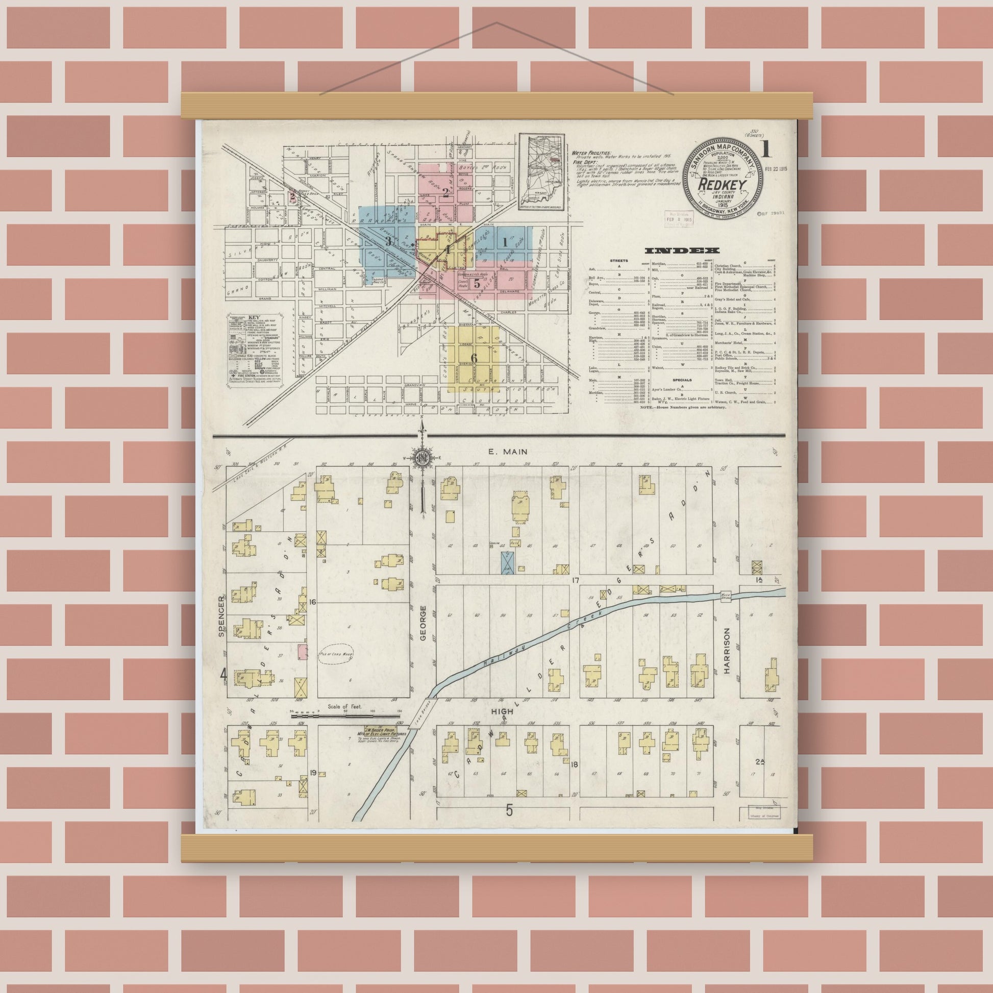 Old map wall art mockup — magnetic wood frame on brick wall — Sanborn Fire Insurance Map from Redkey, Jay County, Indiana (1915) - Complete Map Set