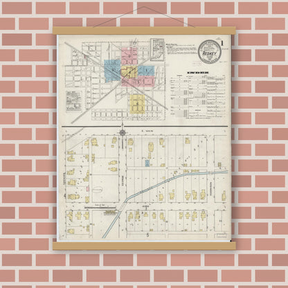 Old map wall art mockup — magnetic wood frame on brick wall — Sanborn Fire Insurance Map from Redkey, Jay County, Indiana (1915) - Complete Map Set